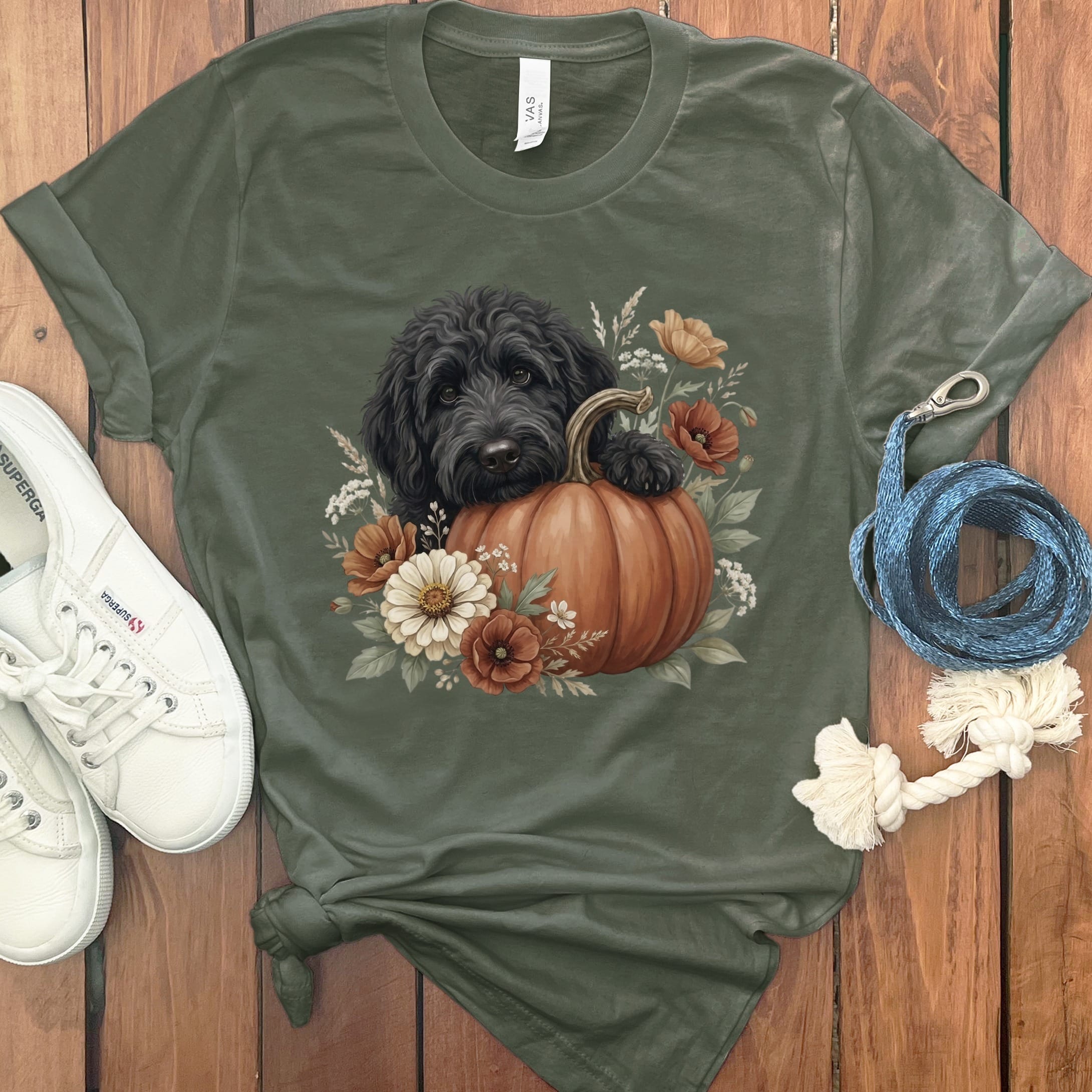 Black Goldendoodle Pumpkin Hug T-Shirt in Military Green / S by Puppy Jo