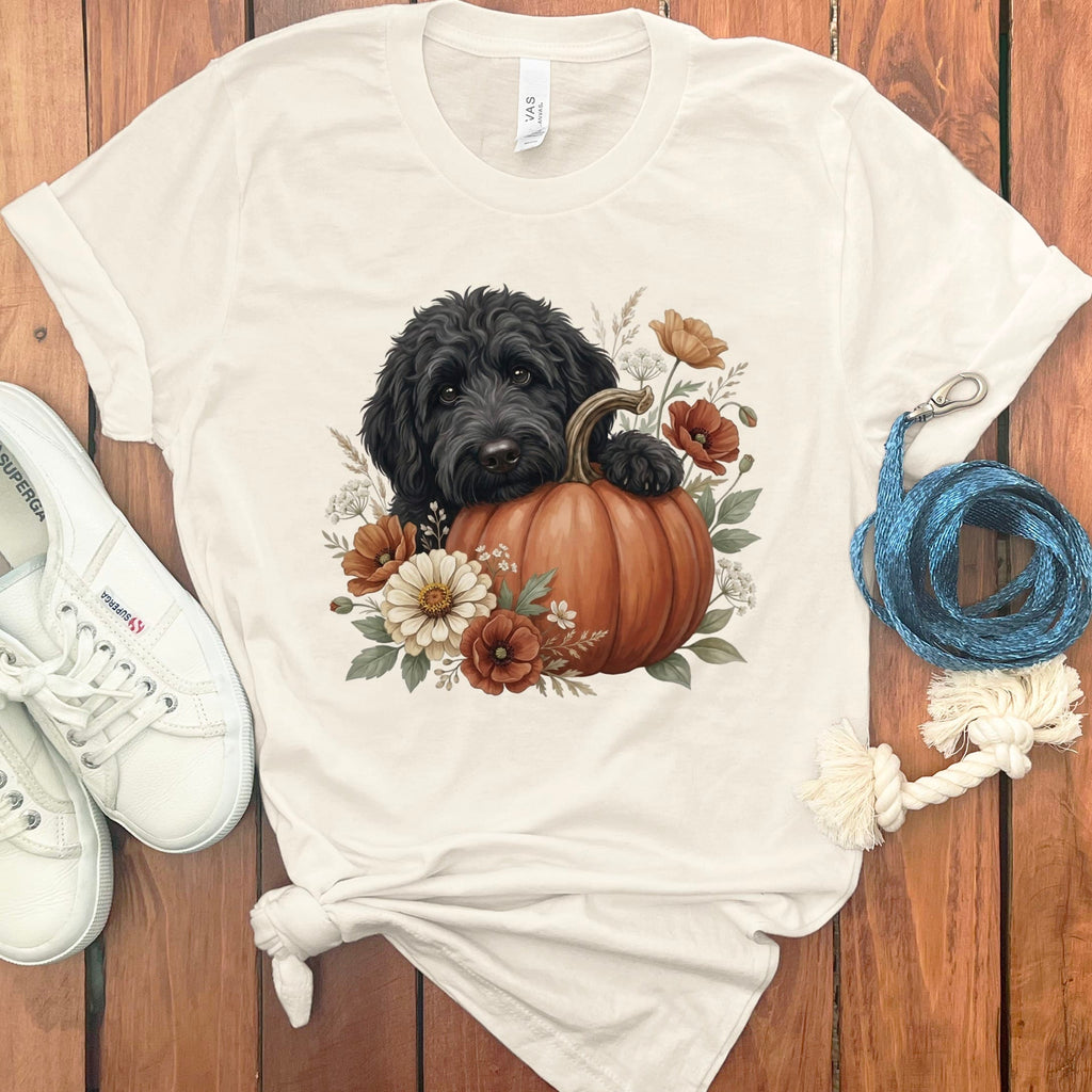 Black Goldendoodle Pumpkin Hug T-Shirt in Natural / S by Puppy Jo