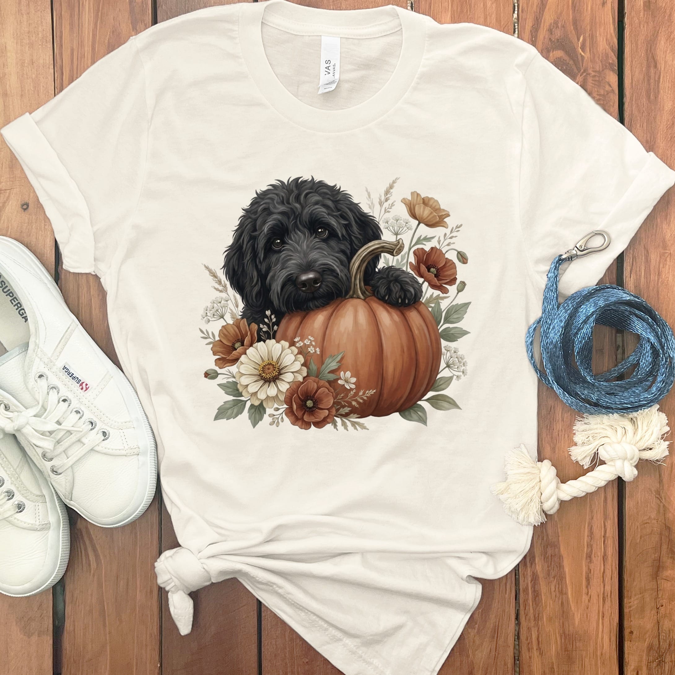 Black Goldendoodle Pumpkin Hug T-Shirt in Natural / S by Puppy Jo