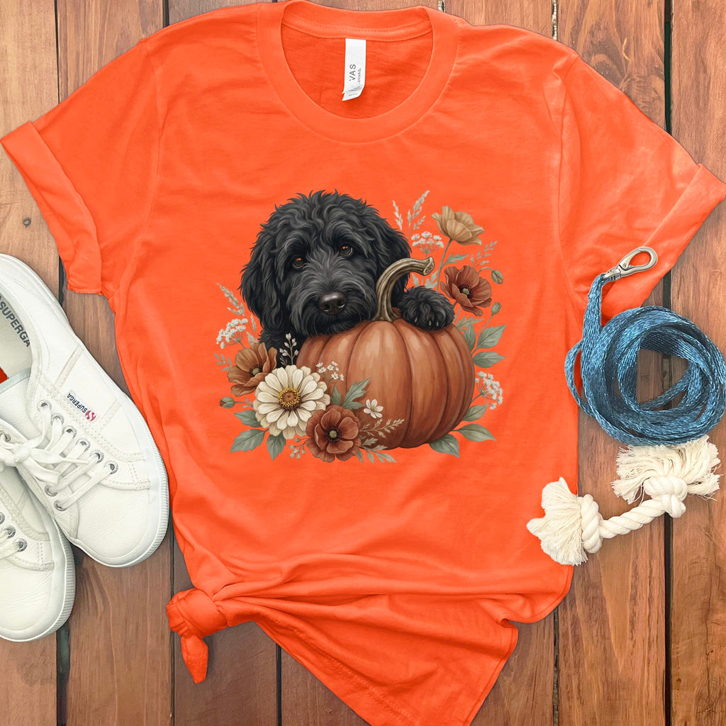 Black Goldendoodle Pumpkin Hug T-Shirt in Orange / S by Puppy Jo