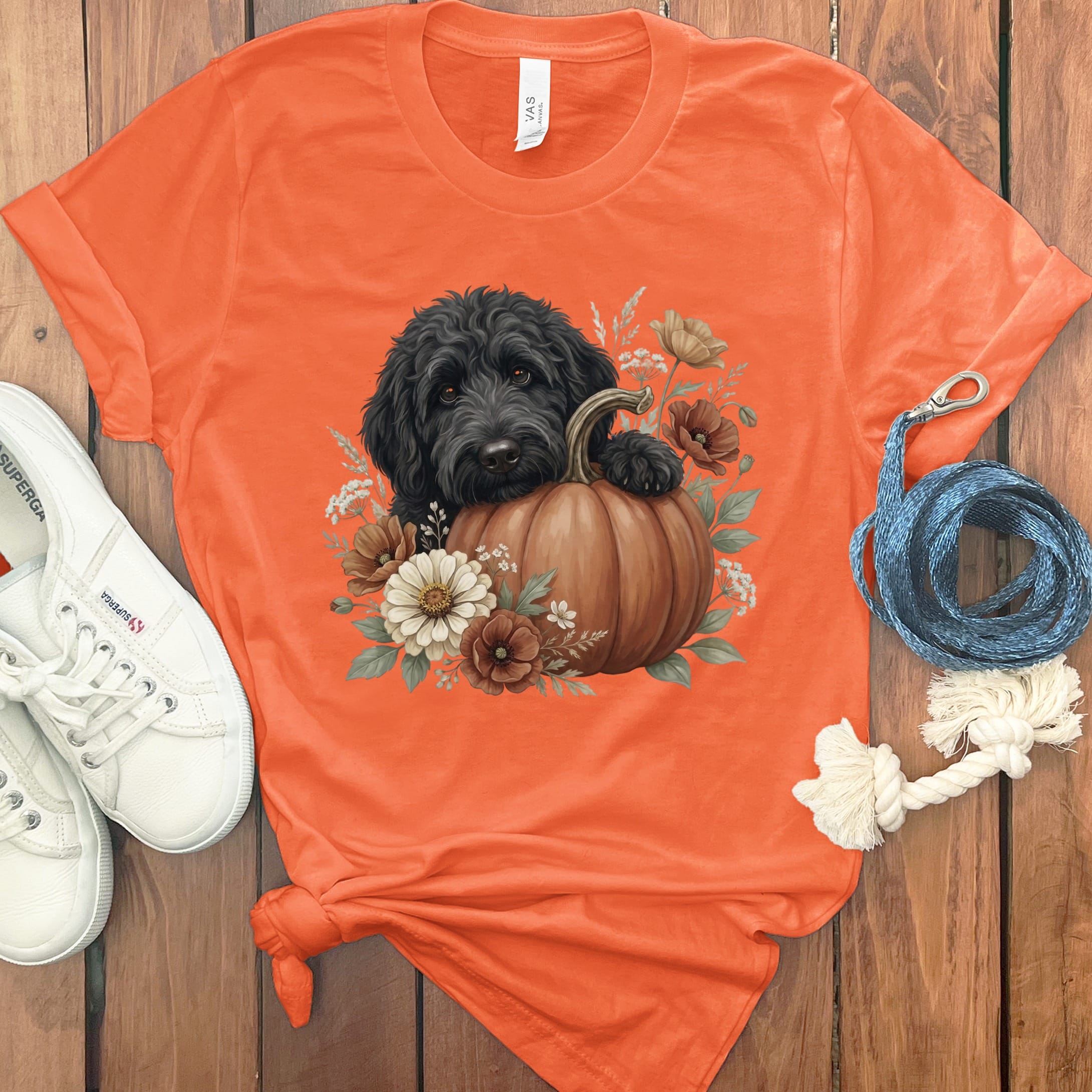 Black Goldendoodle Pumpkin Hug T-Shirt in Orange / S by Puppy Jo