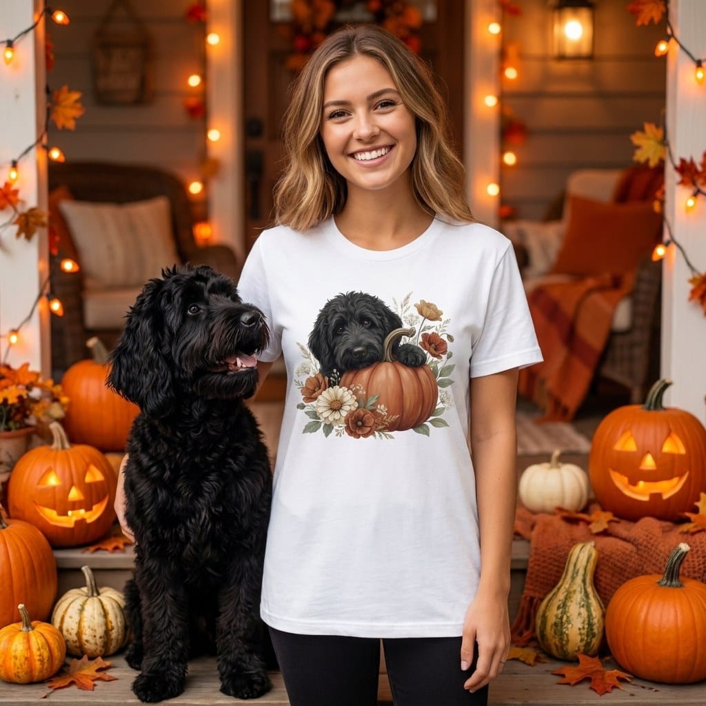 Black Goldendoodle Pumpkin Hug T-Shirt in by Puppy Jo