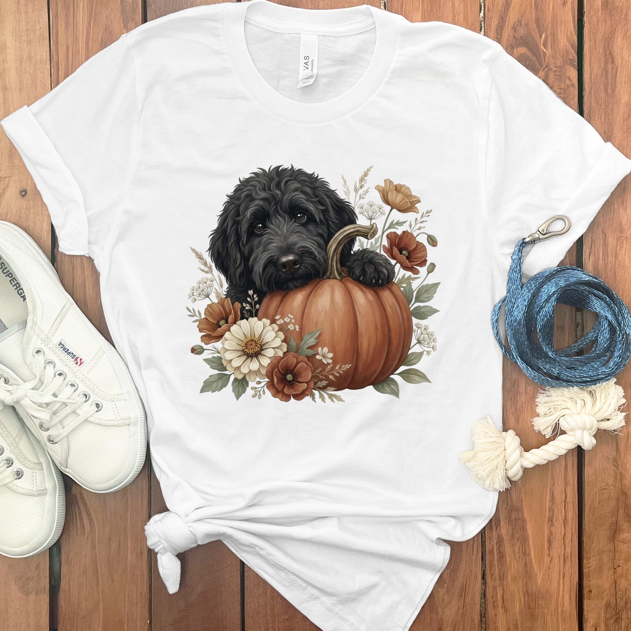 Black Goldendoodle Pumpkin Hug T-Shirt in White / S by Puppy Jo