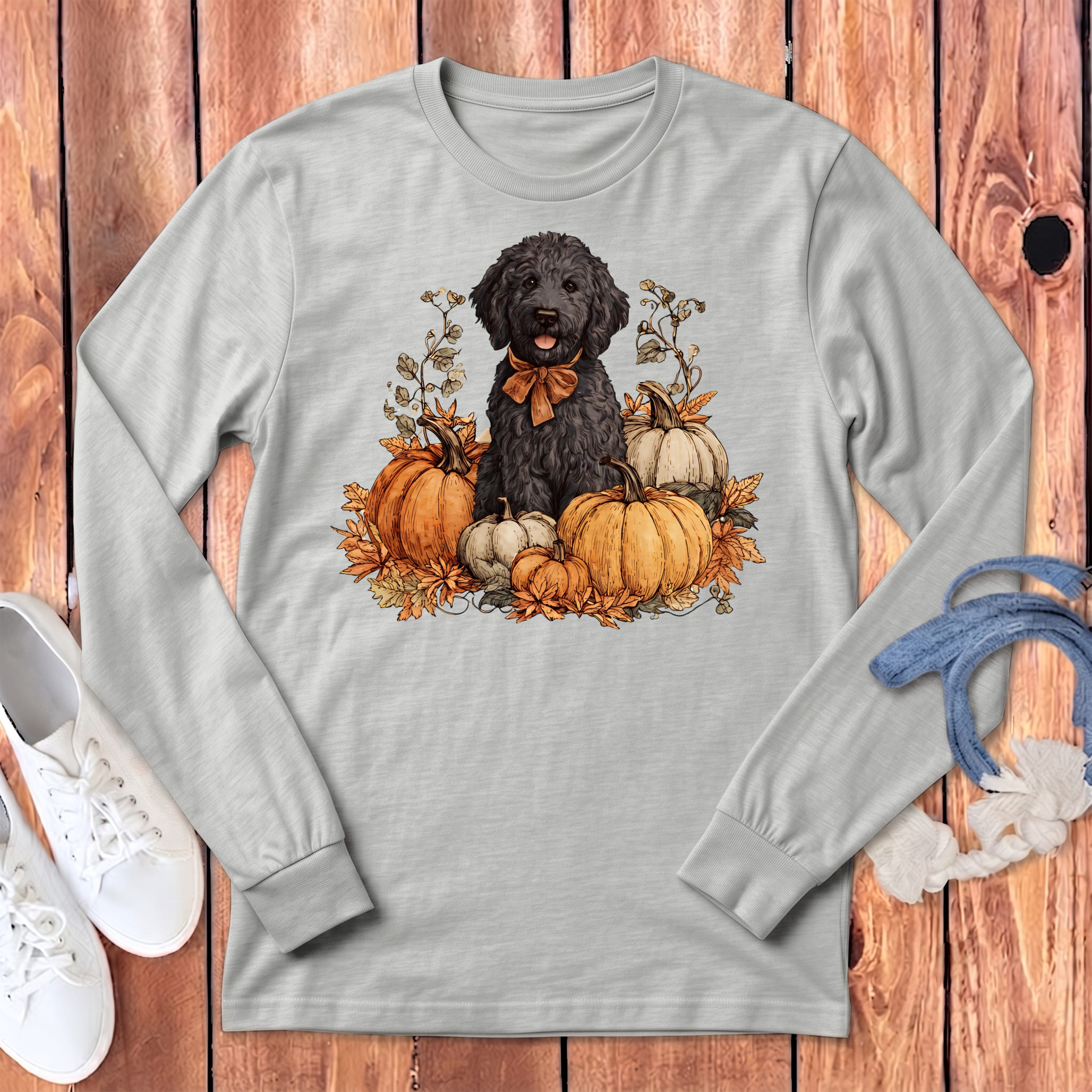 Black Goldendoodle Pumpkin Time Long Sleeve T-Shirt in Athletic Heather / S by Puppy Jo