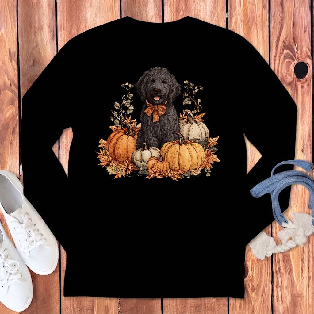 Black Goldendoodle Pumpkin Time Long Sleeve T-Shirt in Black / S by Puppy Jo