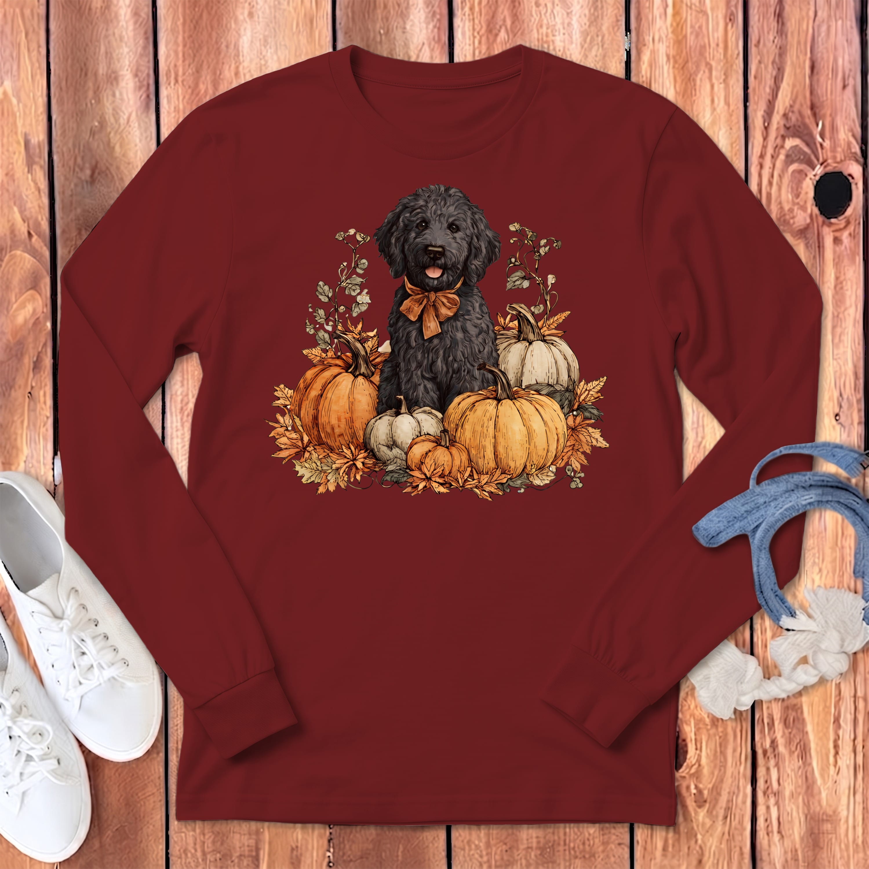 Black Goldendoodle Pumpkin Time Long Sleeve T-Shirt in Cardinal / S by Puppy Jo