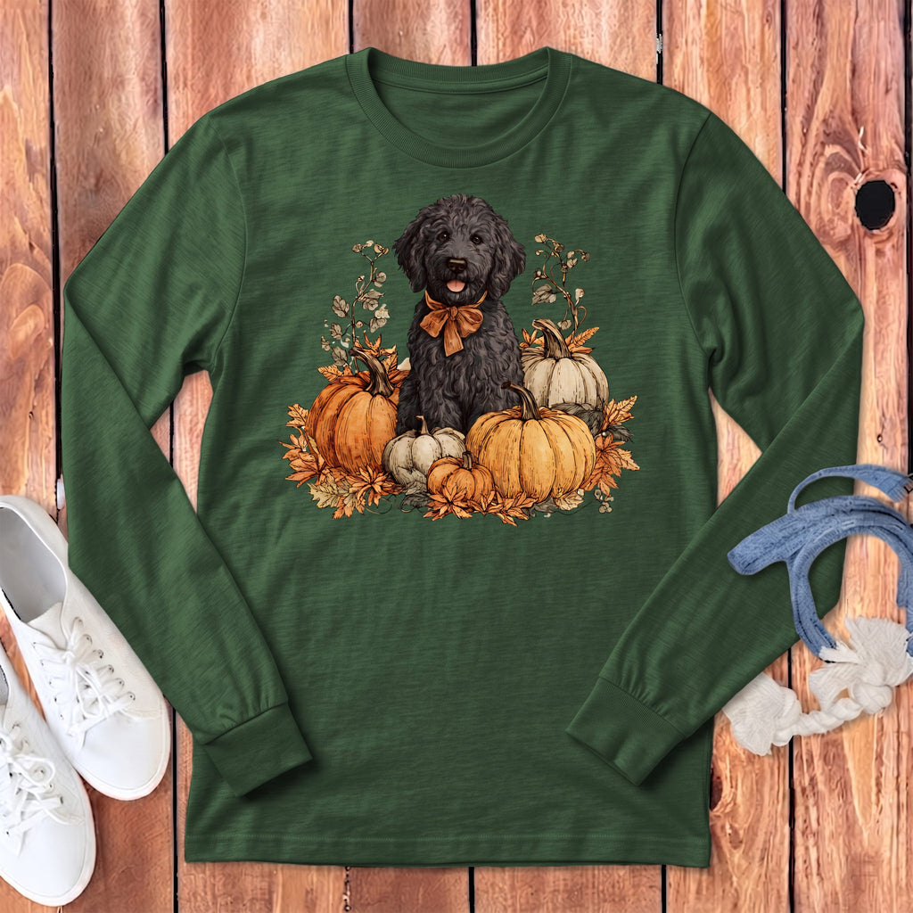 Black Goldendoodle Pumpkin Time Long Sleeve T-Shirt in Heather Forest / S by Puppy Jo
