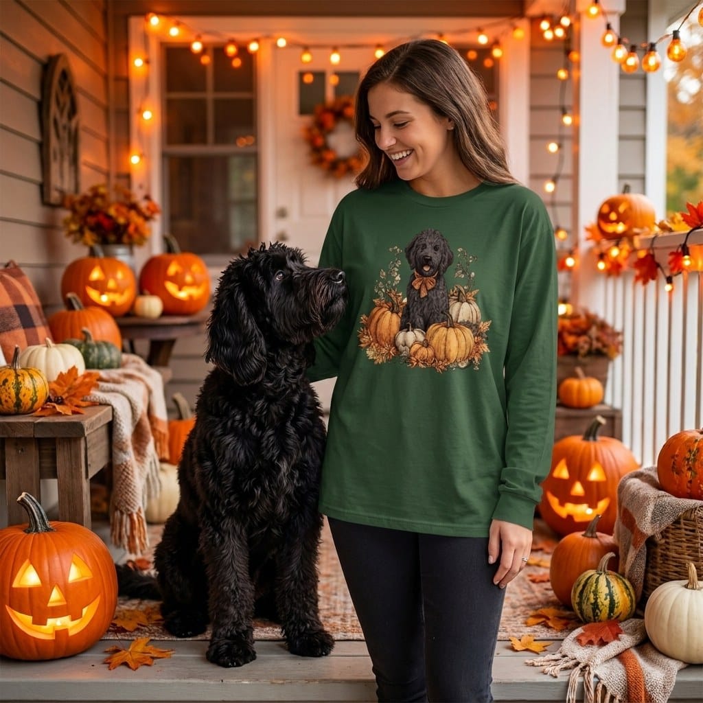 Black Goldendoodle Pumpkin Time Long Sleeve T-Shirt in by Puppy Jo