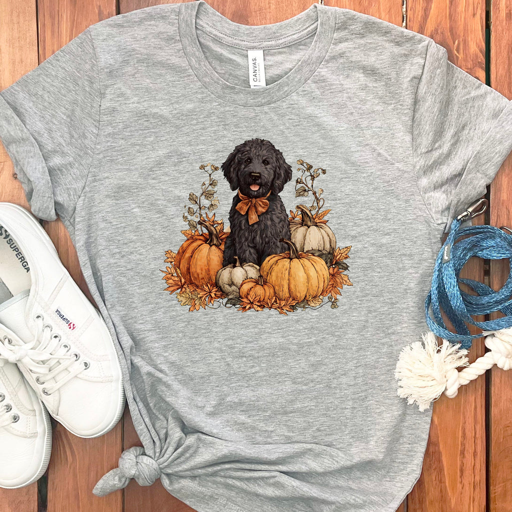 Black Goldendoodle Pumpkin Time T-Shirt in Athletic Heather / S by Puppy Jo