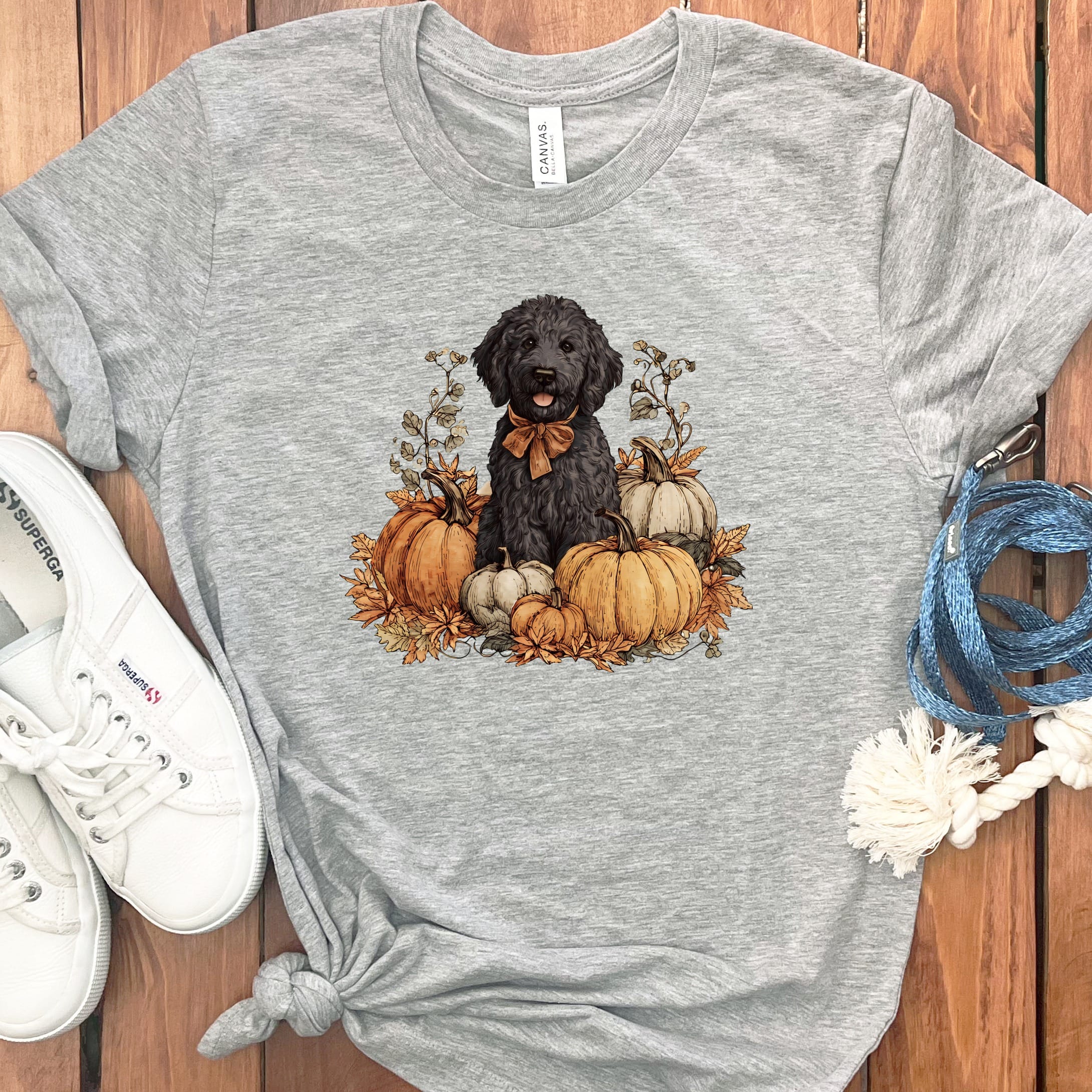 Black Goldendoodle Pumpkin Time T-Shirt in Athletic Heather / S by Puppy Jo