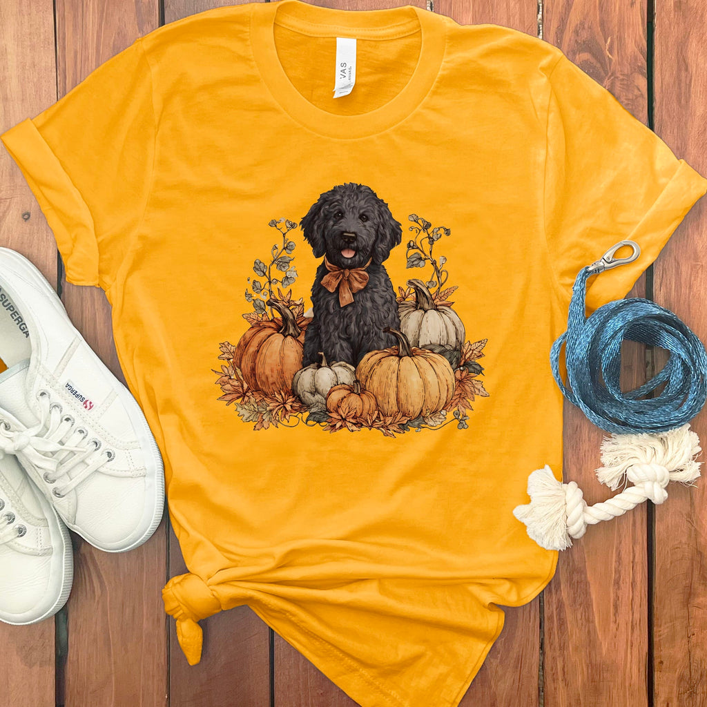 Black Goldendoodle Pumpkin Time T-Shirt in Gold / S by Puppy Jo