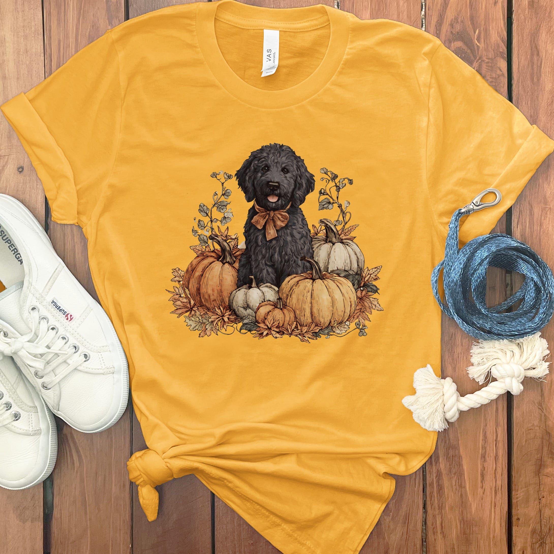 Black Goldendoodle Pumpkin Time T-Shirt in Gold / S by Puppy Jo