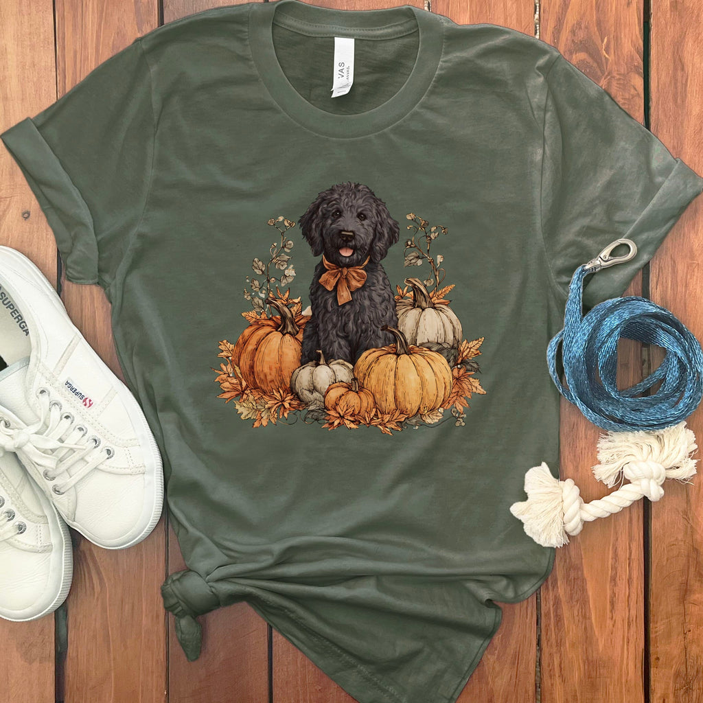 Black Goldendoodle Pumpkin Time T-Shirt in Military Green / S by Puppy Jo