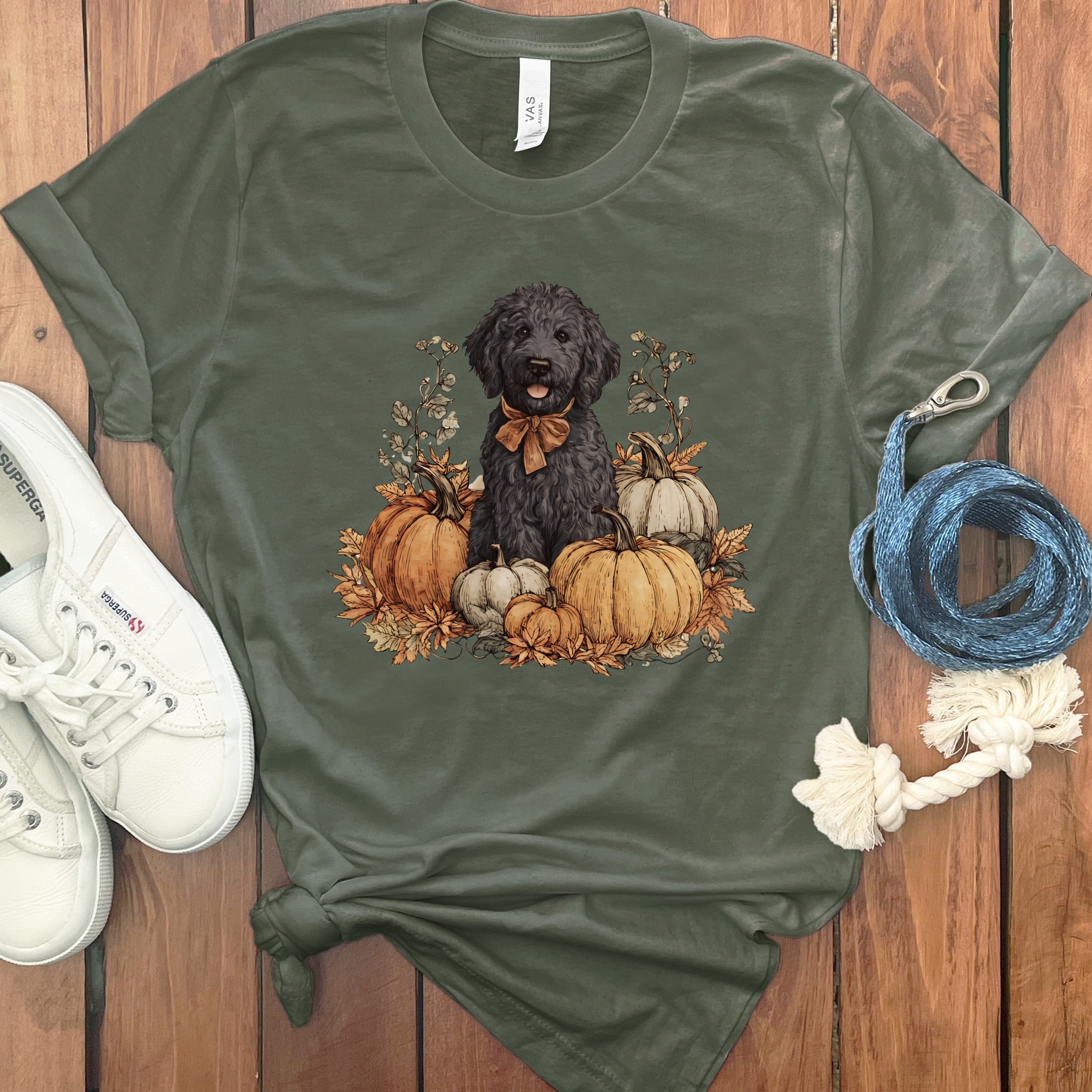 Black Goldendoodle Pumpkin Time T-Shirt in Military Green / S by Puppy Jo