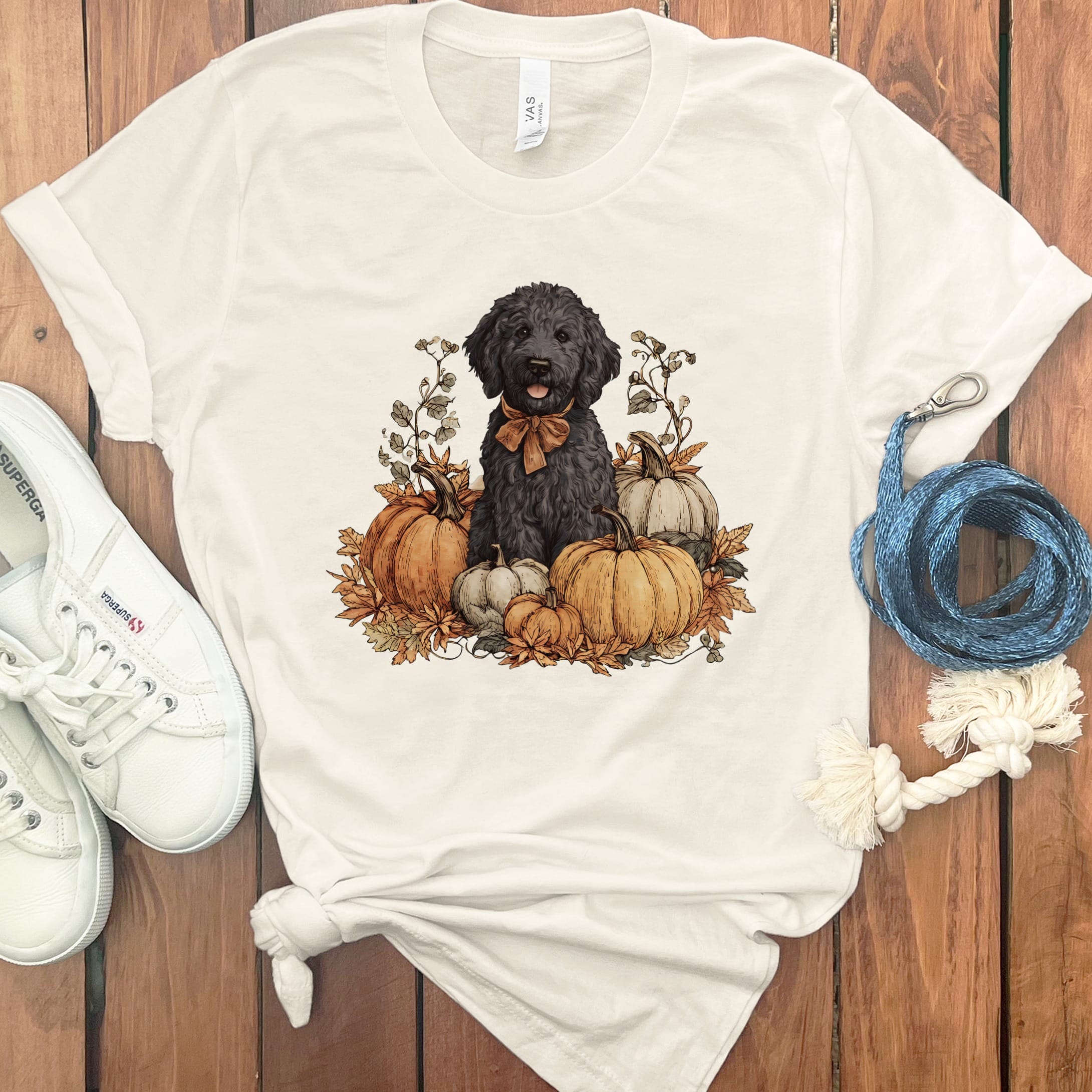 Black Goldendoodle Pumpkin Time T-Shirt in Natural / S by Puppy Jo