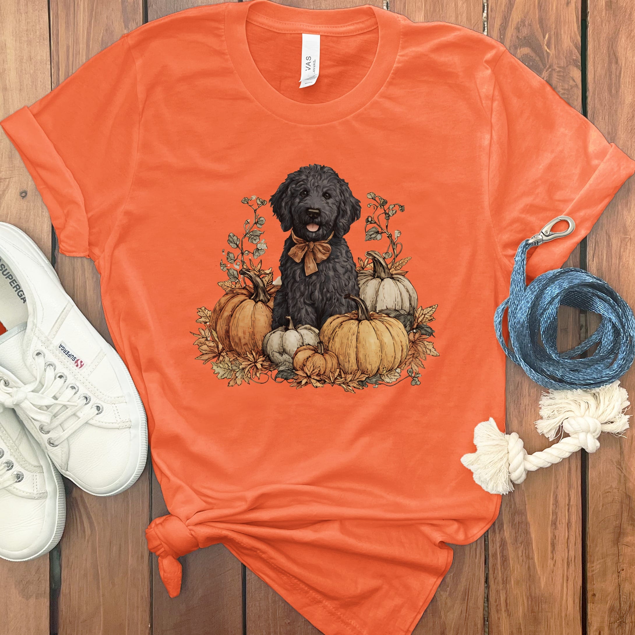 Black Goldendoodle Pumpkin Time T-Shirt in Orange / S by Puppy Jo