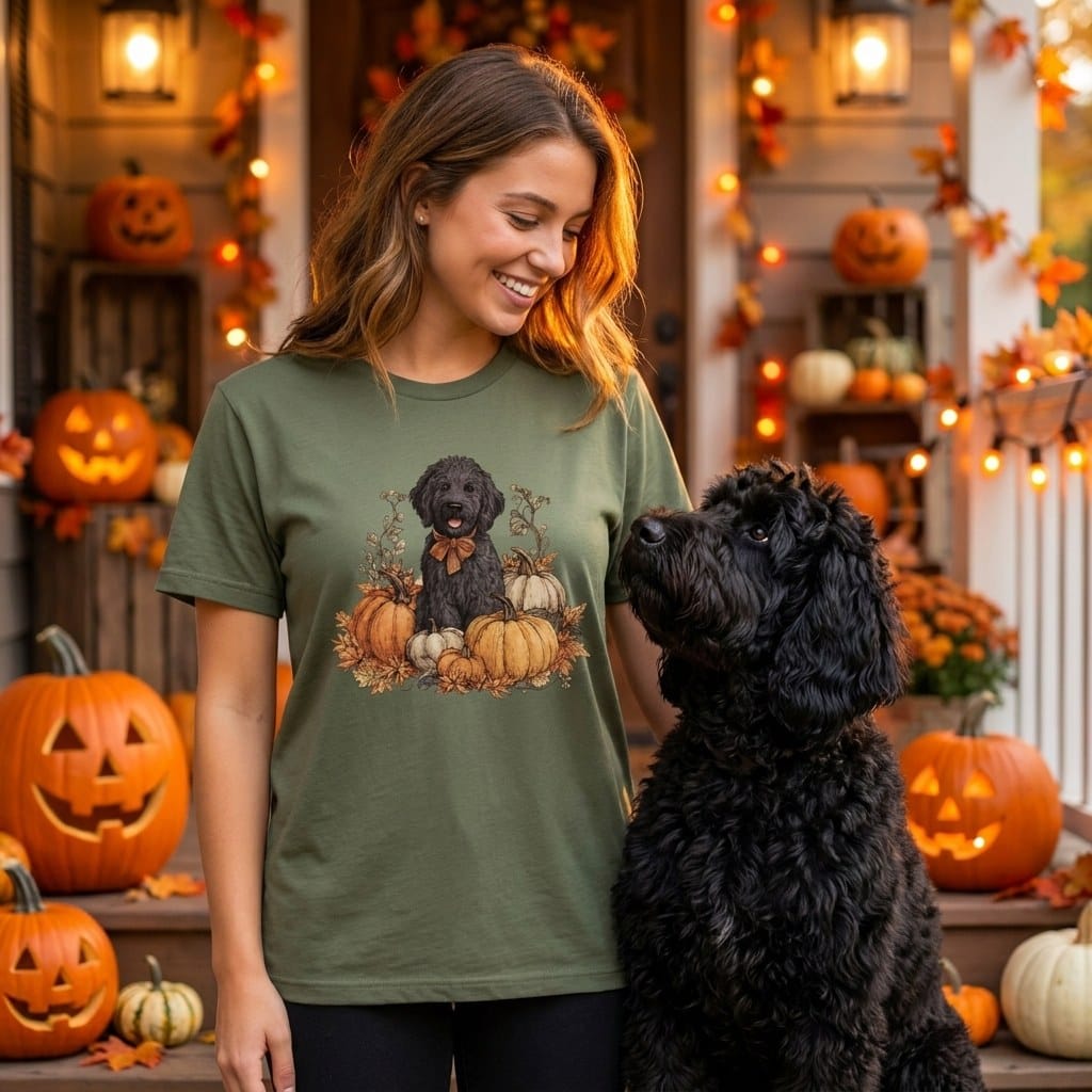 Black Goldendoodle Pumpkin Time T-Shirt in by Puppy Jo