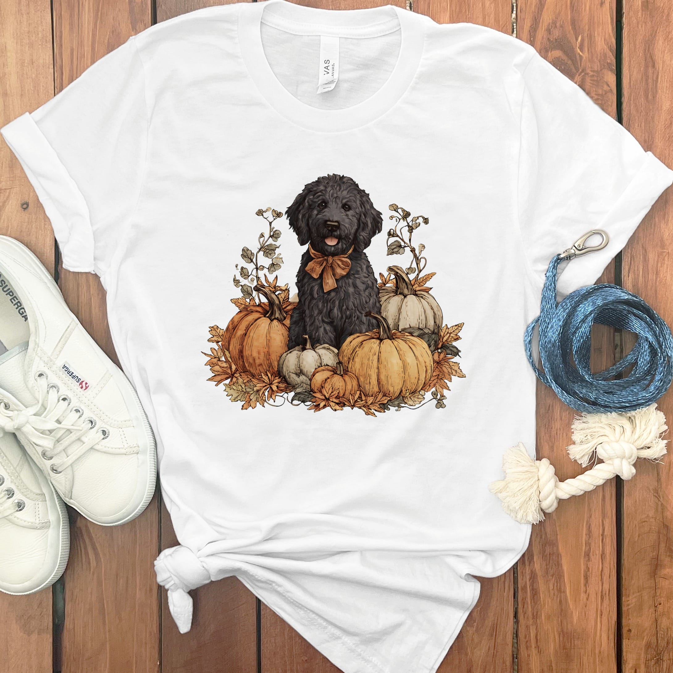 Black Goldendoodle Pumpkin Time T-Shirt in White / S by Puppy Jo