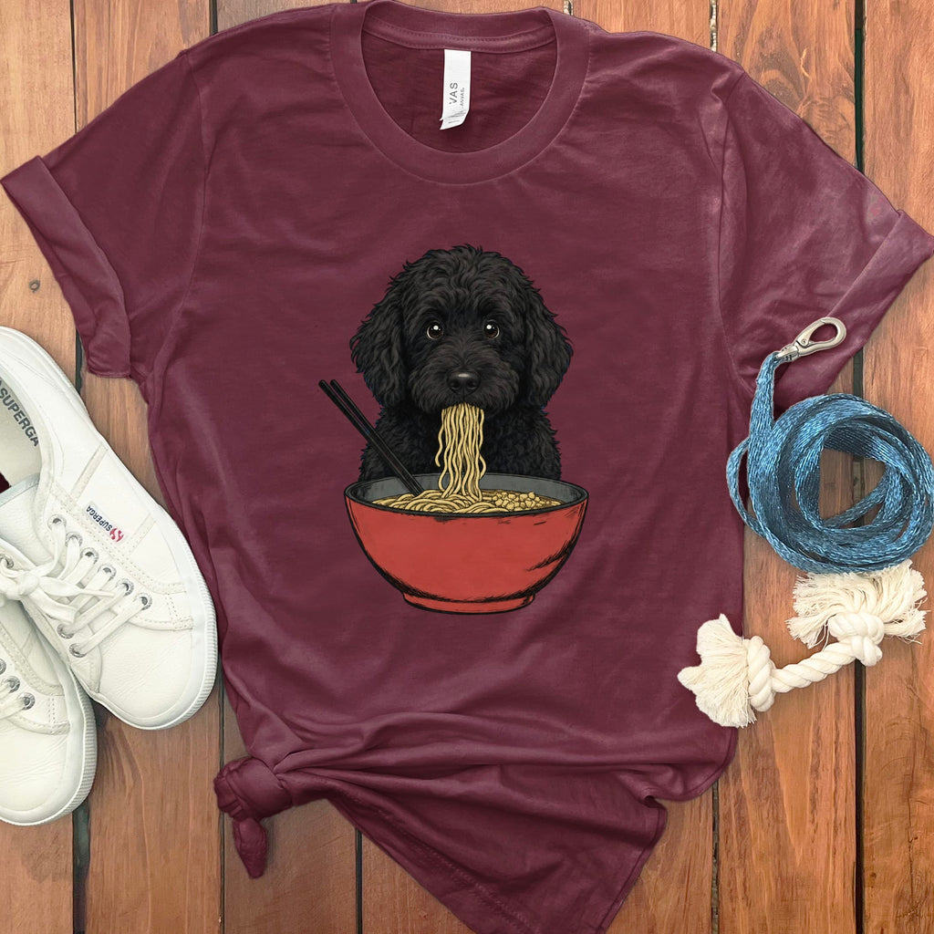 Black Goldendoodle Ramen T-Shirt in Maroon / S / - by Puppy Jo