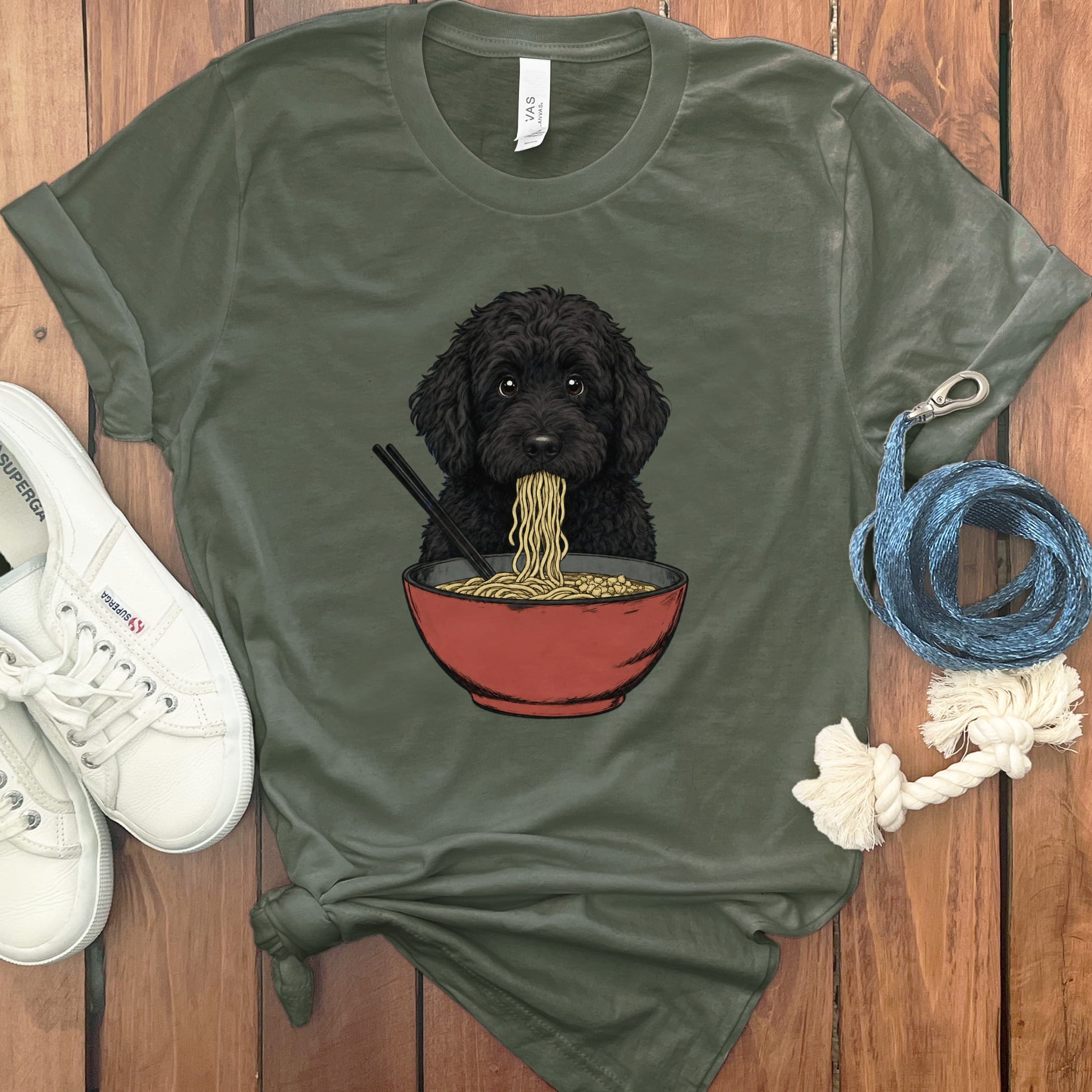 Black Goldendoodle Ramen T-Shirt in Military Green / S / - by Puppy Jo
