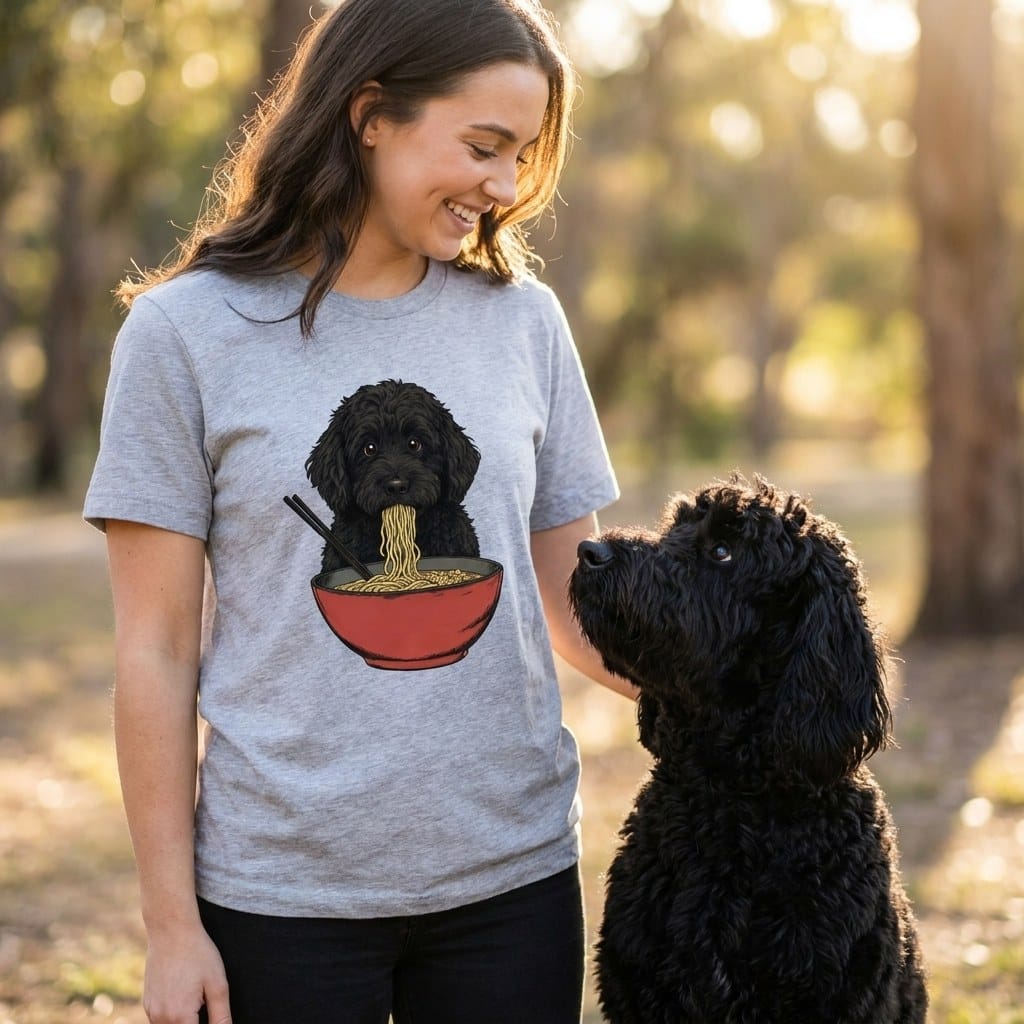 Black Goldendoodle Ramen T-Shirt in by Puppy Jo