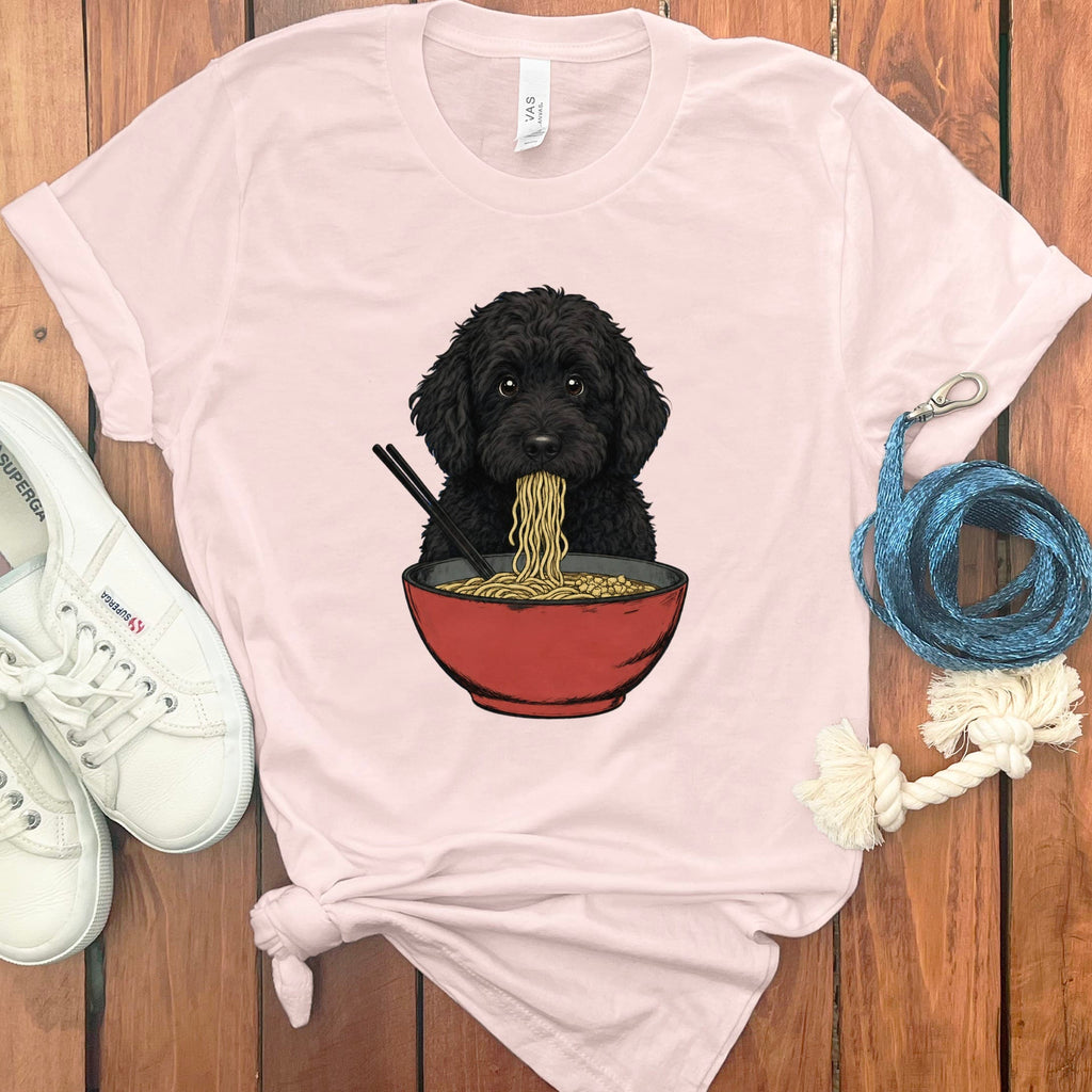 Black Goldendoodle Ramen T-Shirt in Soft Pink / S / - by Puppy Jo