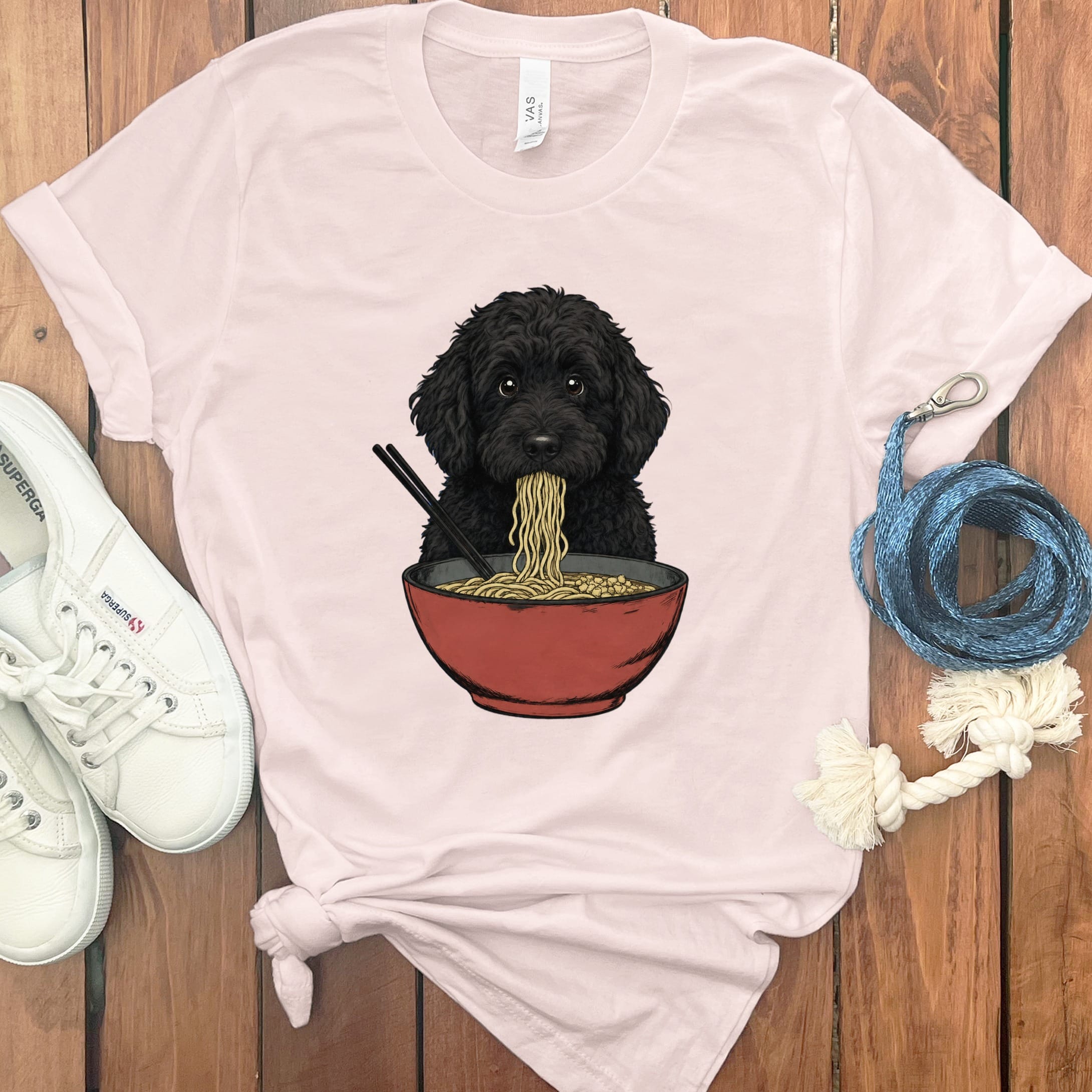 Black Goldendoodle Ramen T-Shirt in Soft Pink / S / - by Puppy Jo