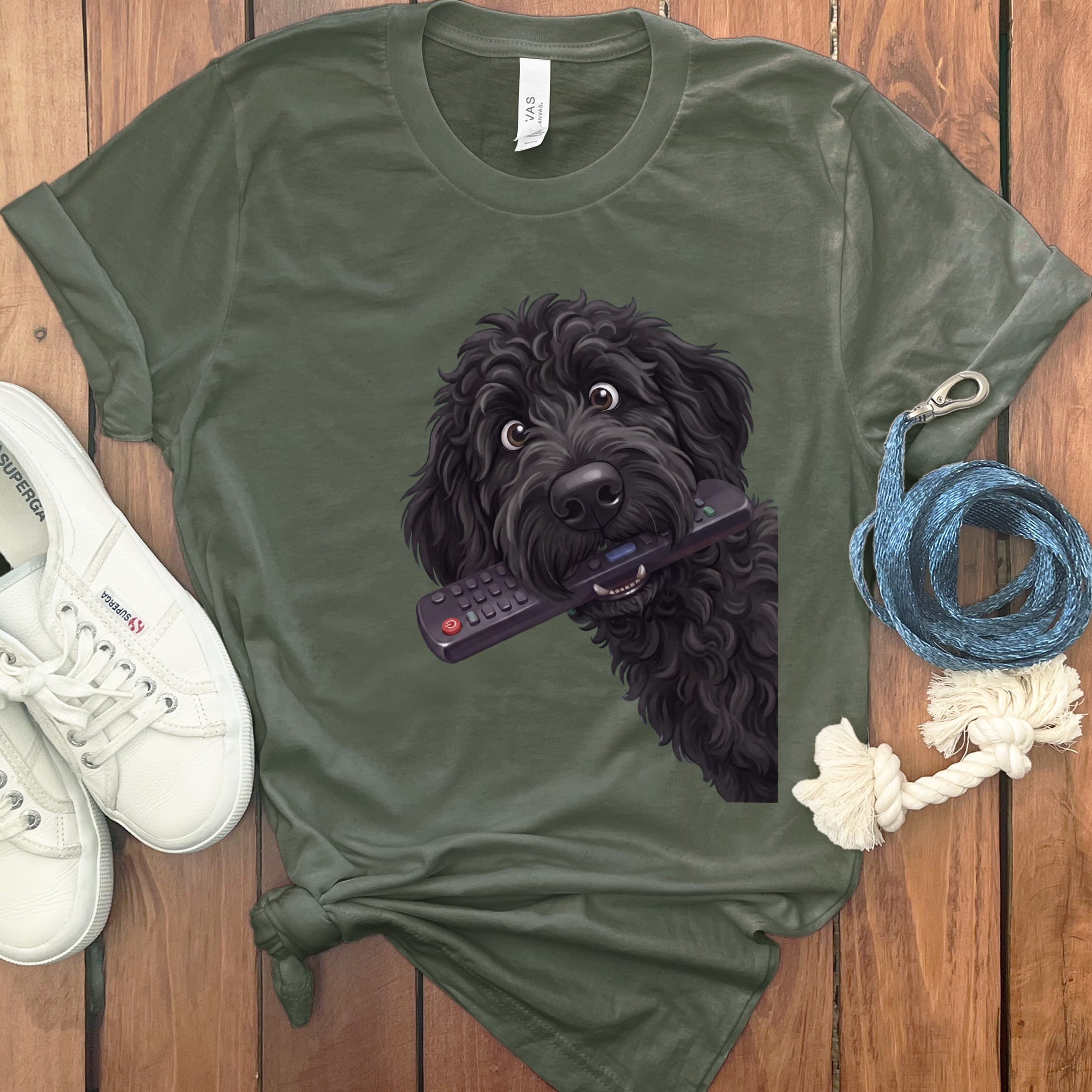 Black Goldendoodle Remote T-Shirt in Military Green / S by Puppy Jo