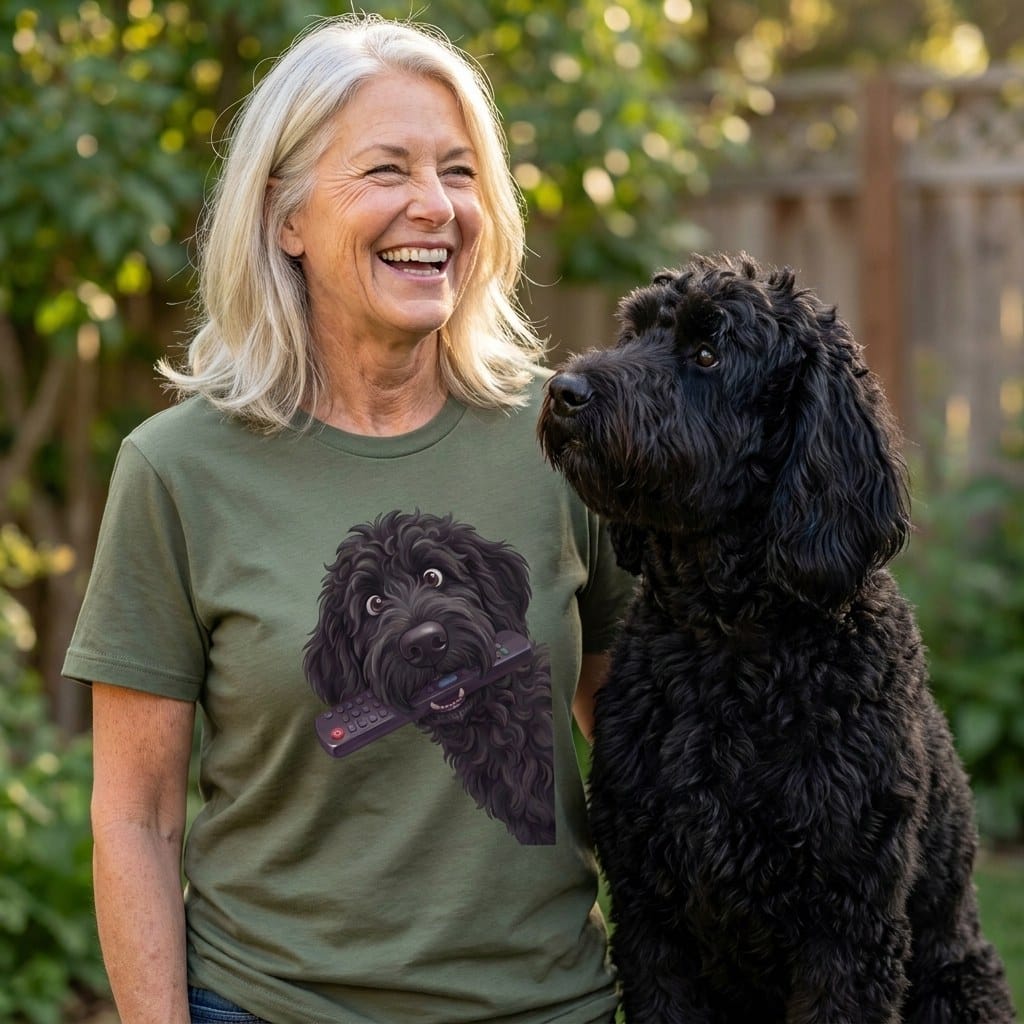 Black Goldendoodle Remote T-Shirt in by Puppy Jo