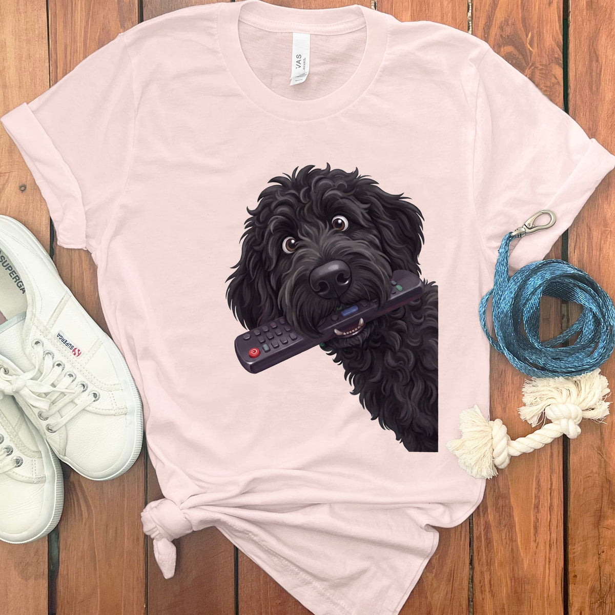 Black Goldendoodle Remote T-Shirt in Soft Pink / S by Puppy Jo