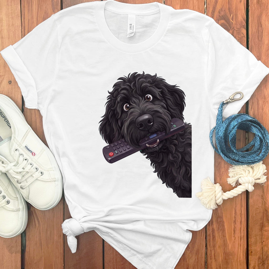 Black Goldendoodle Remote T-Shirt in White / S by Puppy Jo