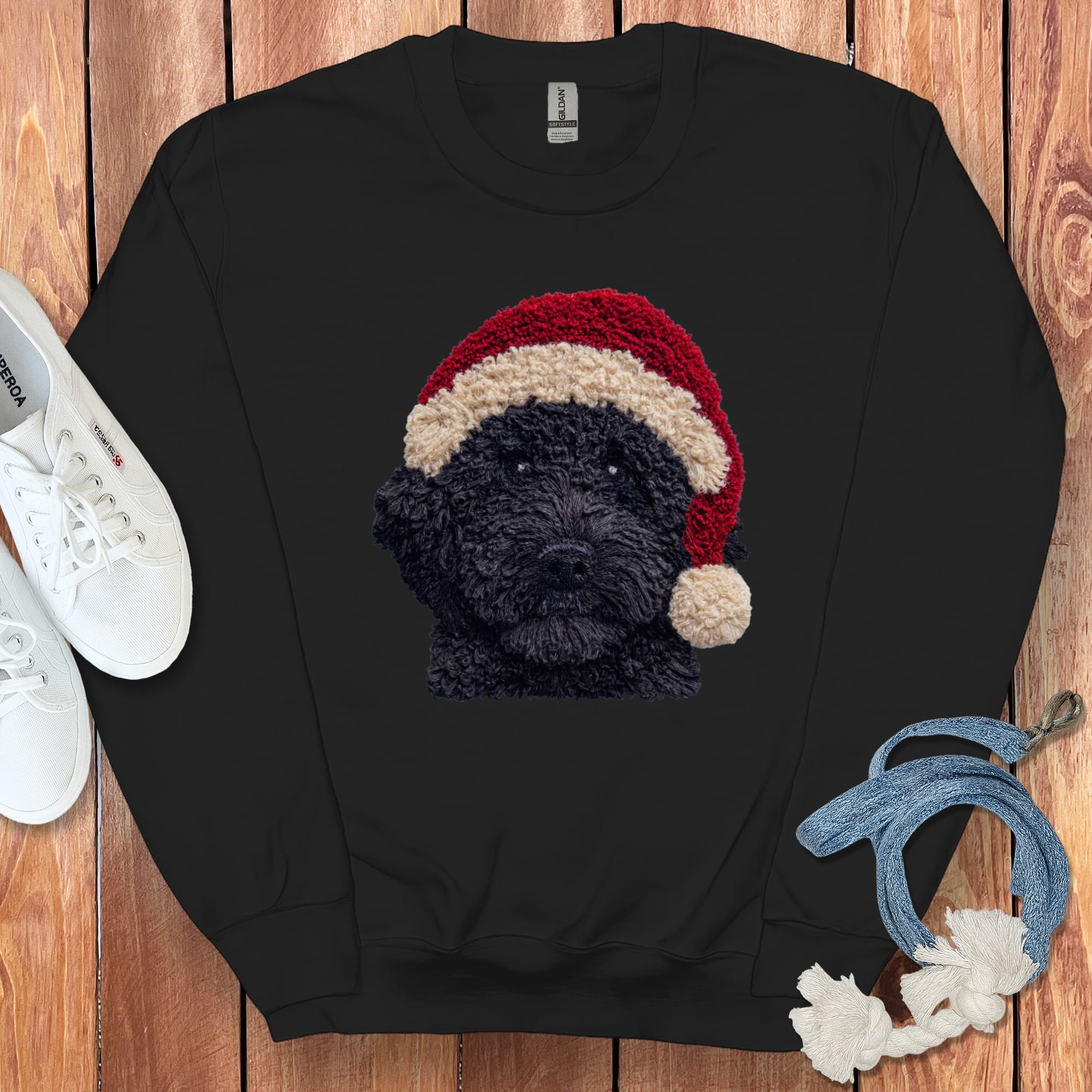 Black Goldendoodle Santa Faux Yarn Sweatshirt in Black / S by Puppy Jo