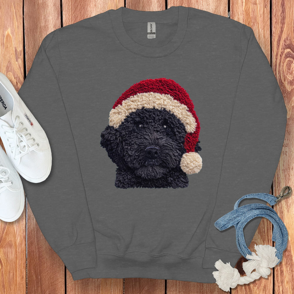 Black Goldendoodle Santa Faux Yarn Sweatshirt in Dark Heather / S by Puppy Jo