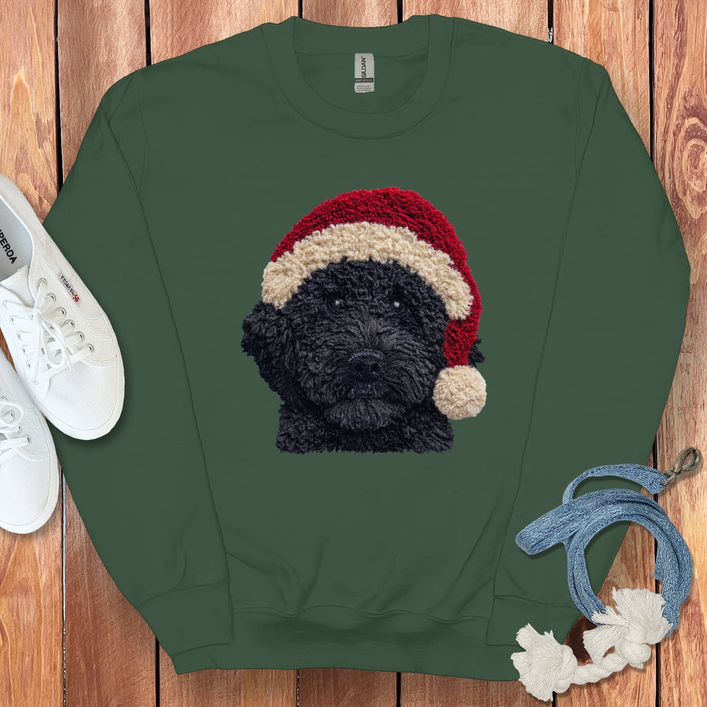 Black Goldendoodle Santa Faux Yarn Sweatshirt in Forest Green / S by Puppy Jo