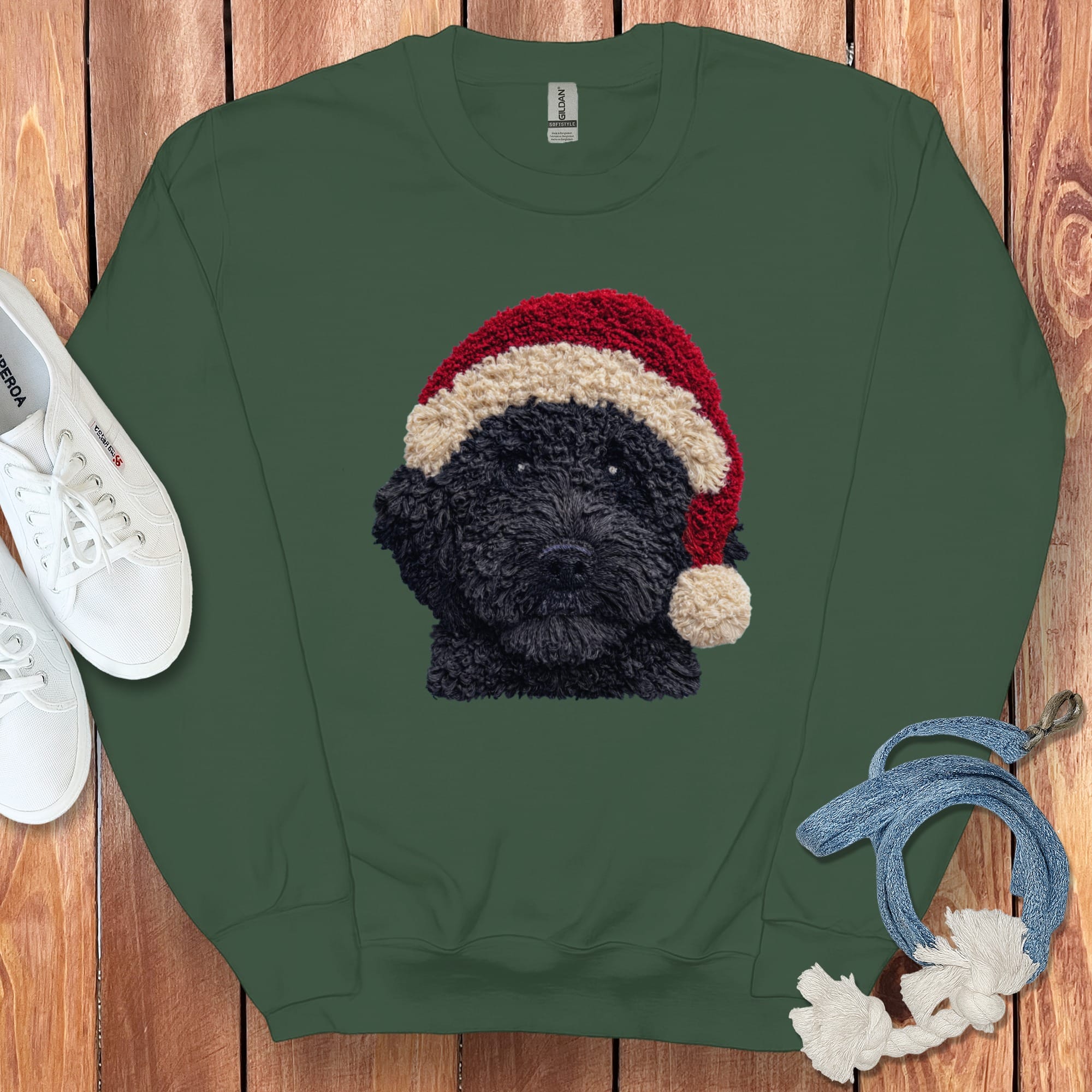 Black Goldendoodle Santa Faux Yarn Sweatshirt in Forest Green / S by Puppy Jo