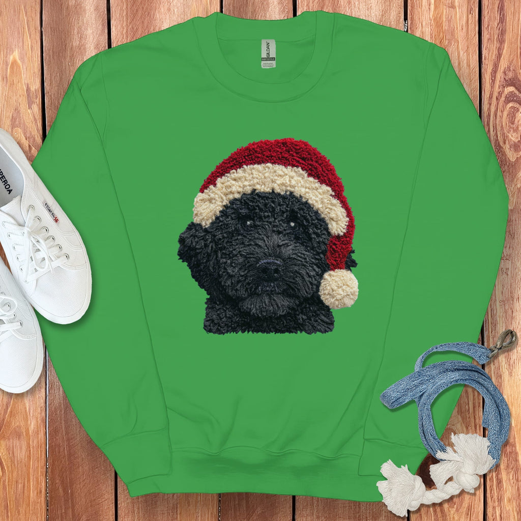 Black Goldendoodle Santa Faux Yarn Sweatshirt in Irish Green / S by Puppy Jo