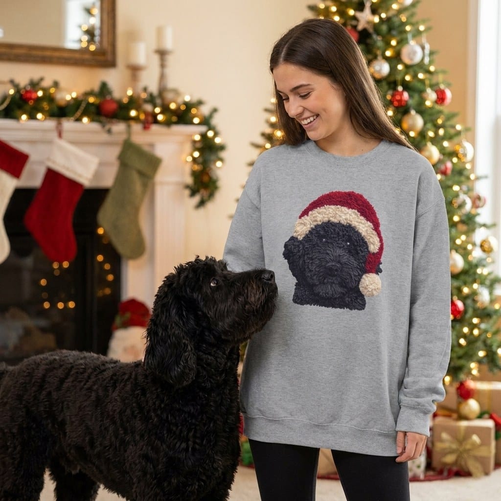 Black Goldendoodle Santa Faux Yarn Sweatshirt in by Puppy Jo