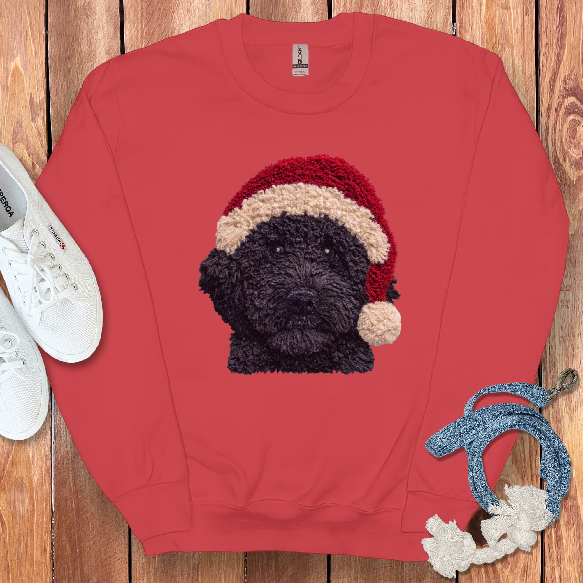 Black Goldendoodle Santa Faux Yarn Sweatshirt in Red / S by Puppy Jo