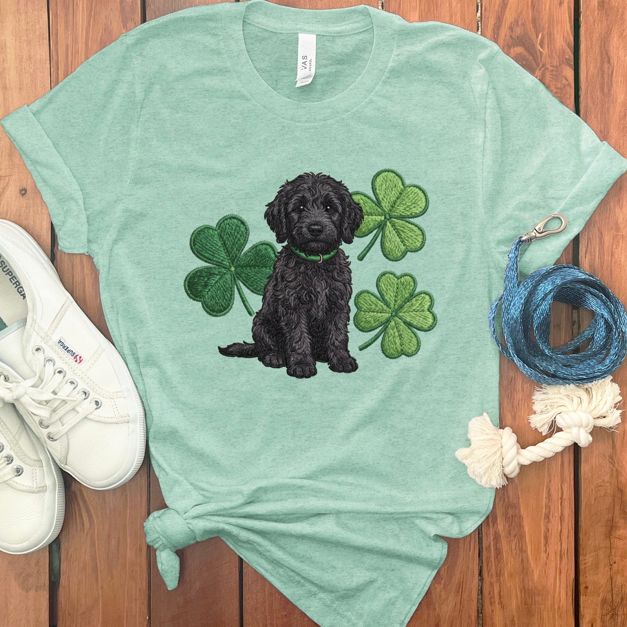 Black Goldendoodle Shamrock T-Shirt in Heather Mint / S by Puppy Jo
