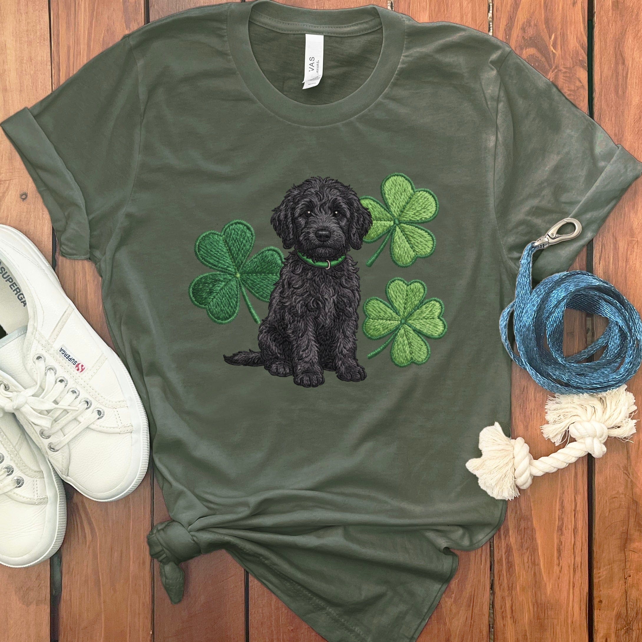 Black Goldendoodle Shamrock T-Shirt in Military Green / S by Puppy Jo