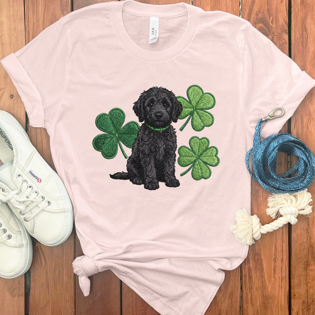 Black Goldendoodle Shamrock T-Shirt in Soft Pink / S by Puppy Jo