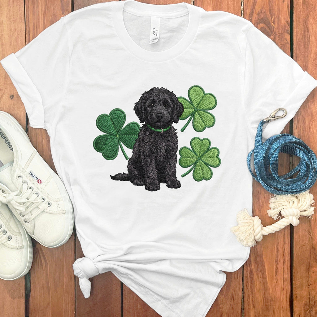 Black Goldendoodle Shamrock T-Shirt in White / S by Puppy Jo