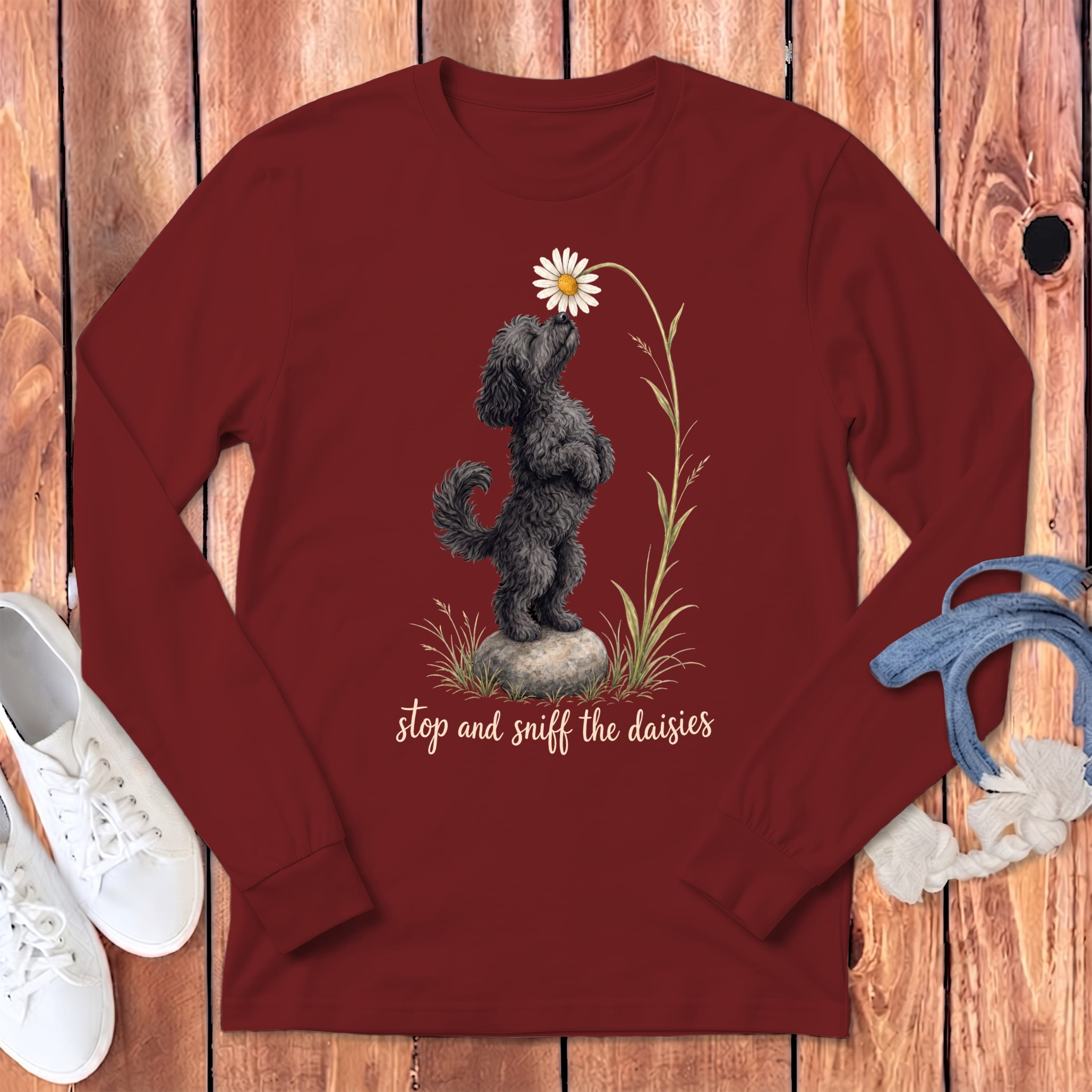 Black Goldendoodle Sniff Daisies Long Sleeve T-Shirt in Cardinal / S by Puppy Jo