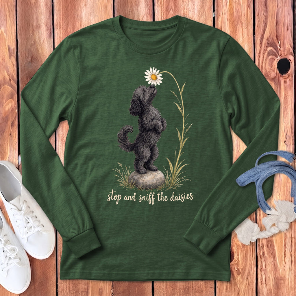 Black Goldendoodle Sniff Daisies Long Sleeve T-Shirt in Heather Forest / S by Puppy Jo