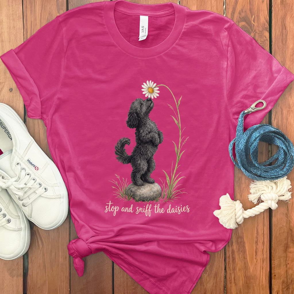 Black Goldendoodle Sniff Daisies T-Shirt in Berry / S by Puppy Jo