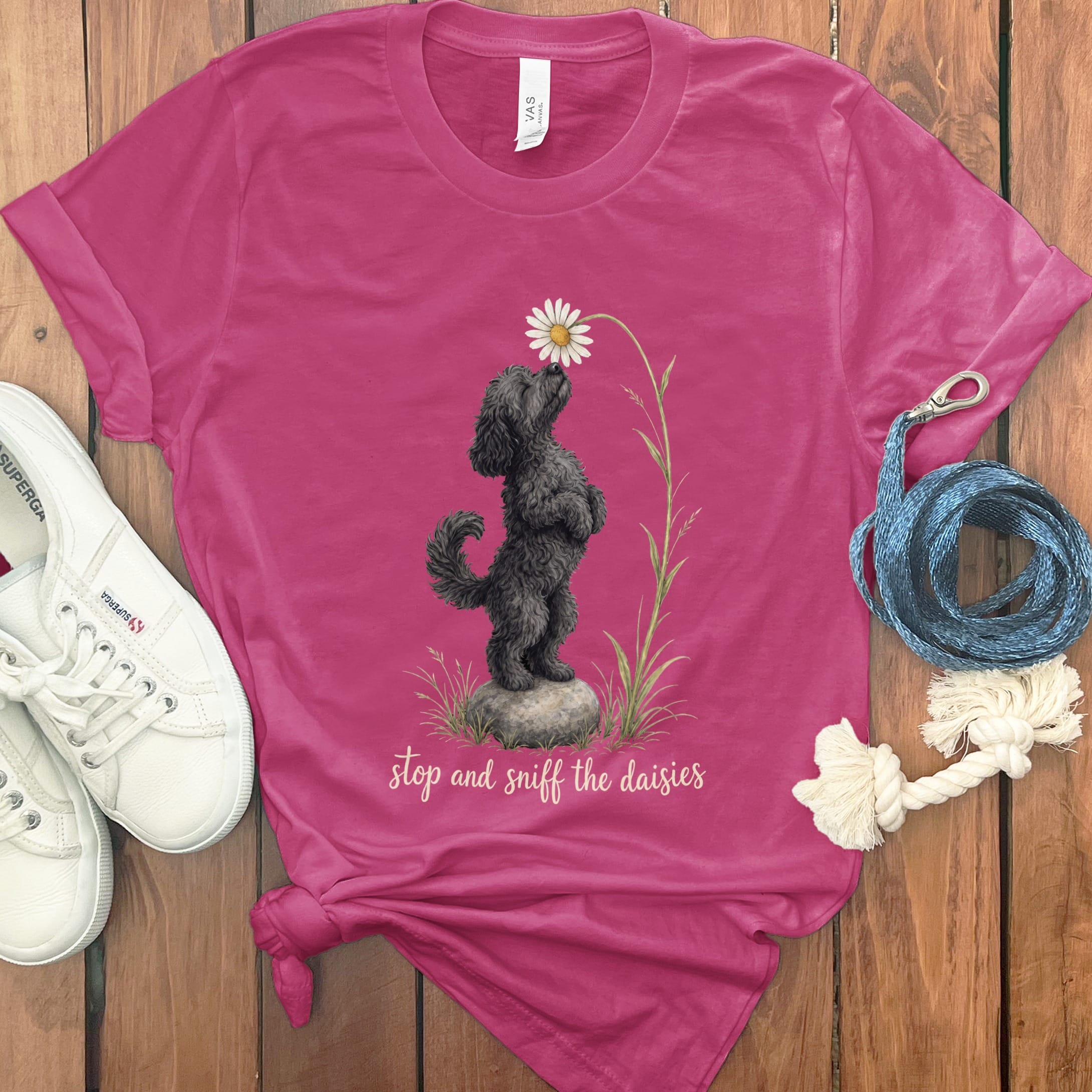 Black Goldendoodle Sniff Daisies T-Shirt in Berry / S by Puppy Jo