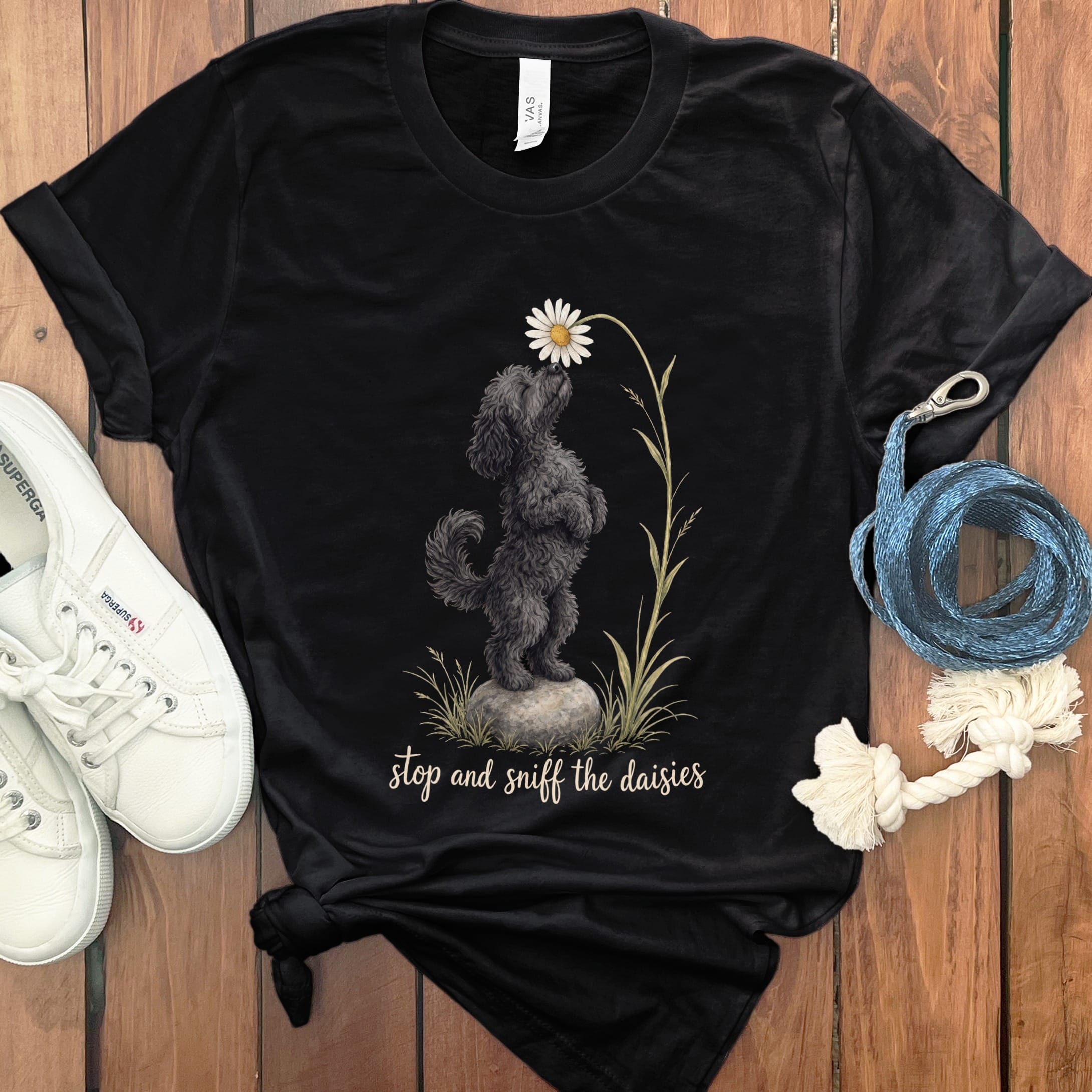 Black Goldendoodle Sniff Daisies T-Shirt in Black / S by Puppy Jo