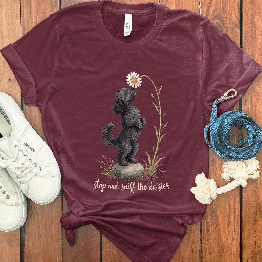 Black Goldendoodle Sniff Daisies T-Shirt in Maroon / S by Puppy Jo