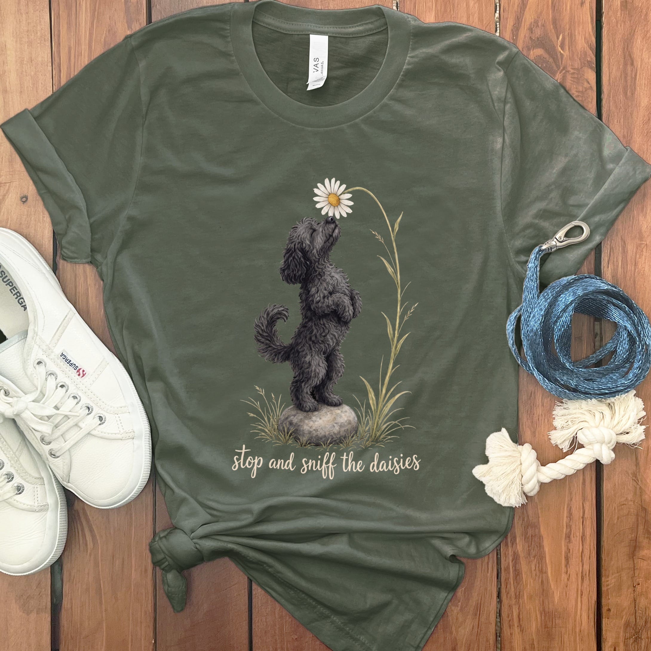 Black Goldendoodle Sniff Daisies T-Shirt in Military Green / S by Puppy Jo