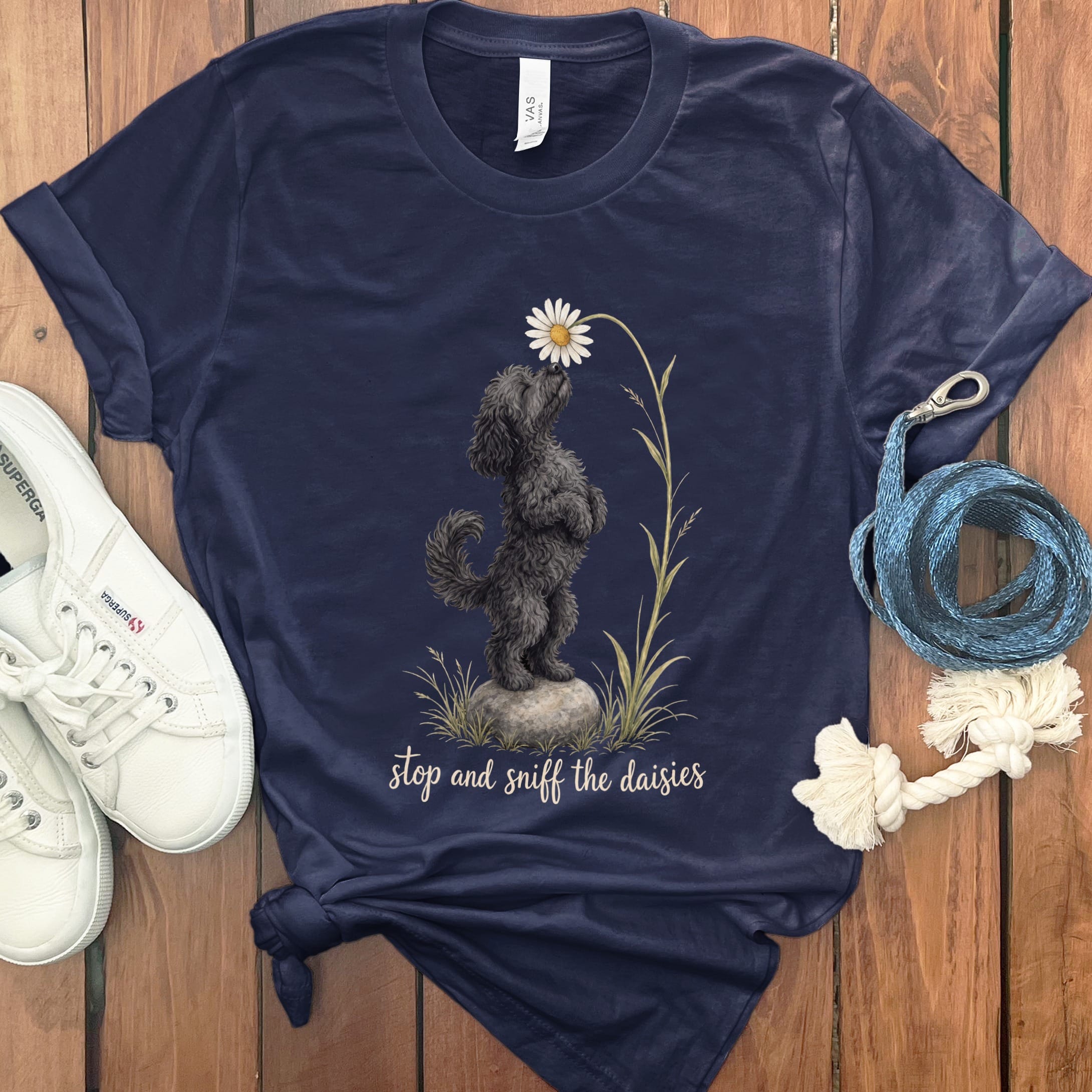 Black Goldendoodle Sniff Daisies T-Shirt in Navy / S by Puppy Jo